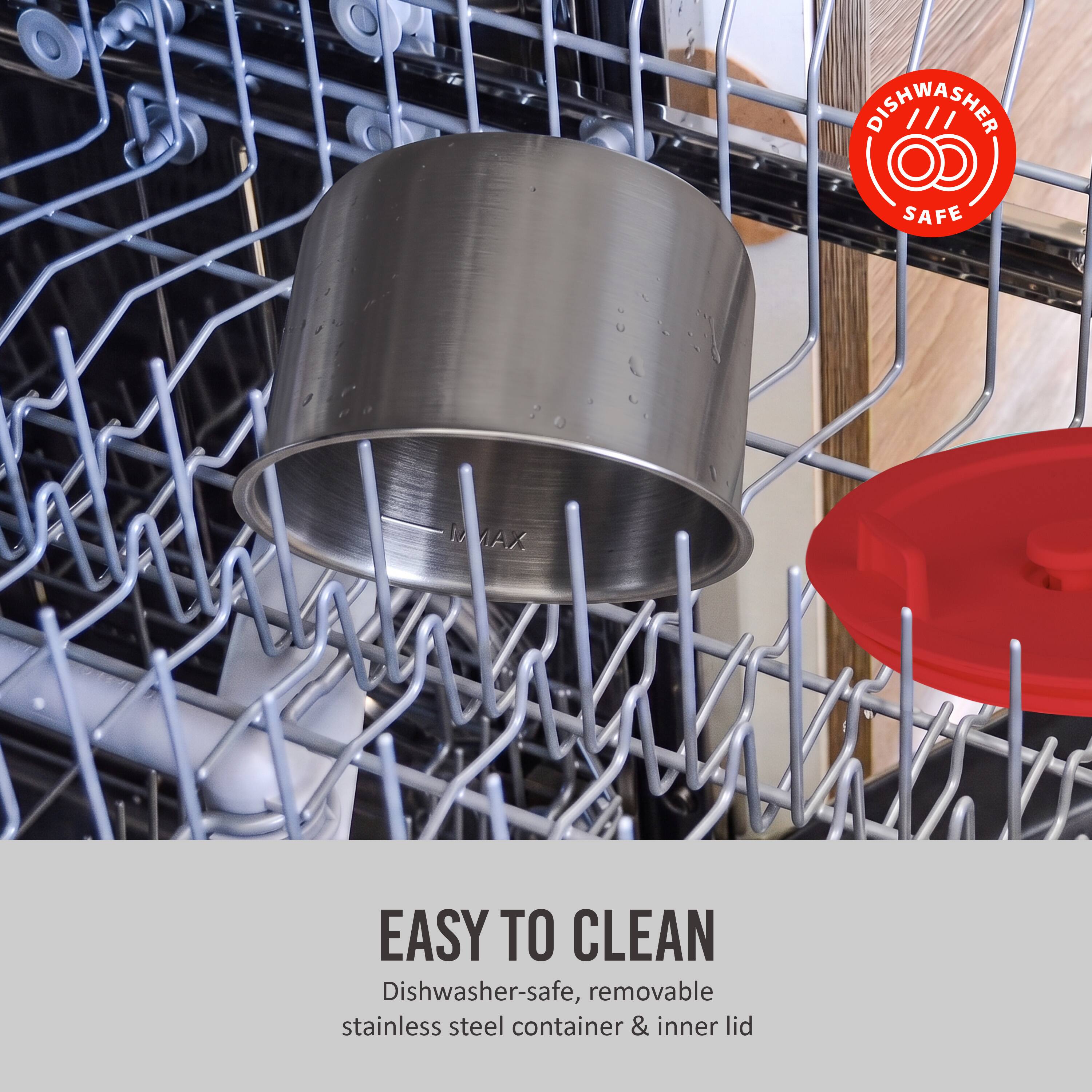 Dishwasher-safe, removable stainless steel container & inner lid