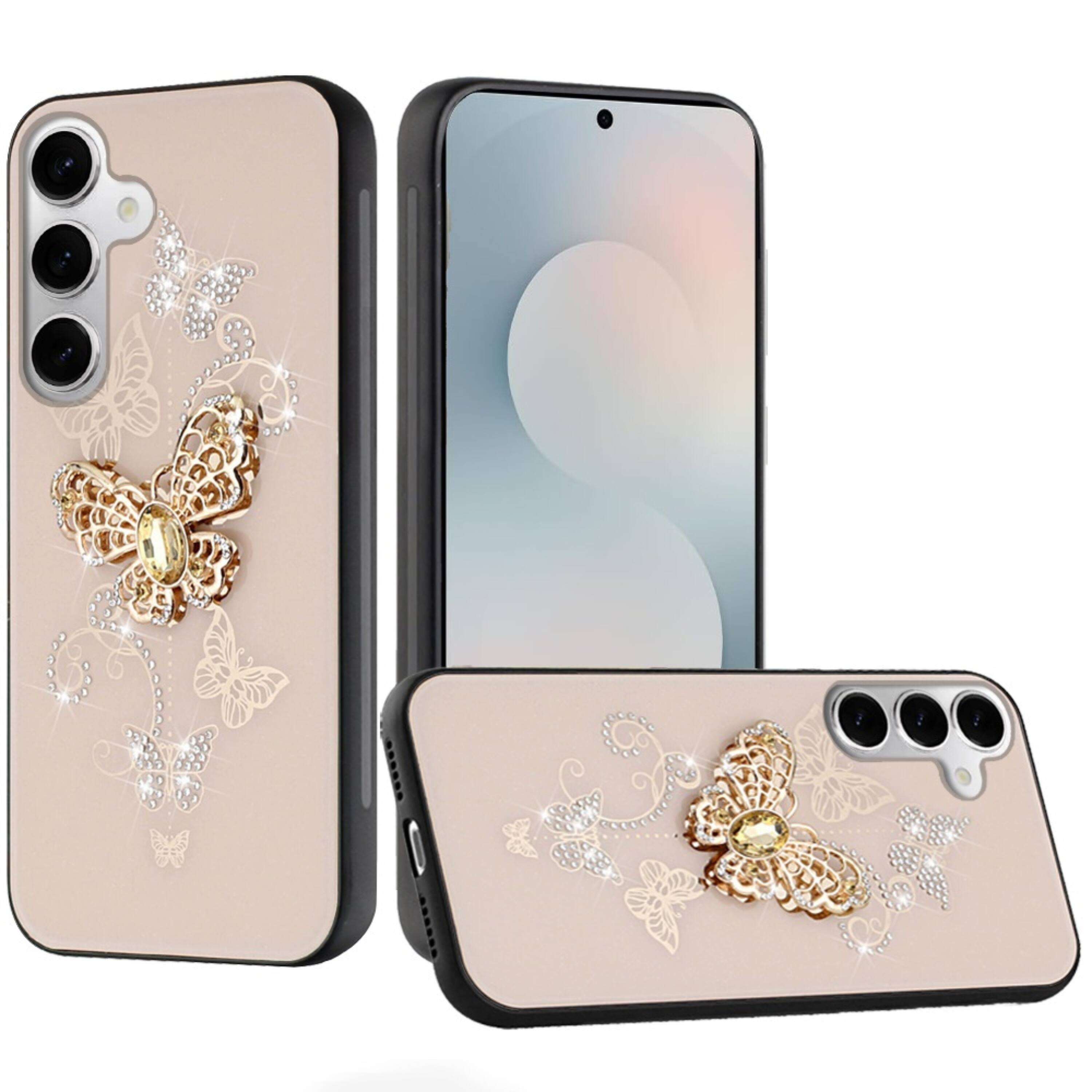 Front. Kitcheniva - Sparkling Rhinestone Decorative Phone Case With Tempered Glass For Samsung S25 FE Garden Gold - Gold.
