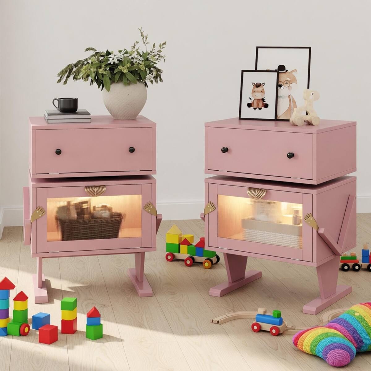 Alt View 6. Loheer - Loheer Pink Robot LED Nightstand with 360 Degree Rotating Drawer, 20.7 Inch Wide - Pink.