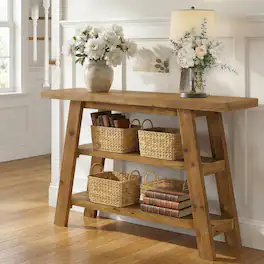 Tribesigns - 47" Solid Wood Entryway Table, Farmhouse Console Table with 3-Tier Shelves, Narrow Behind Sofa Couch Table, Rectangular - Brown