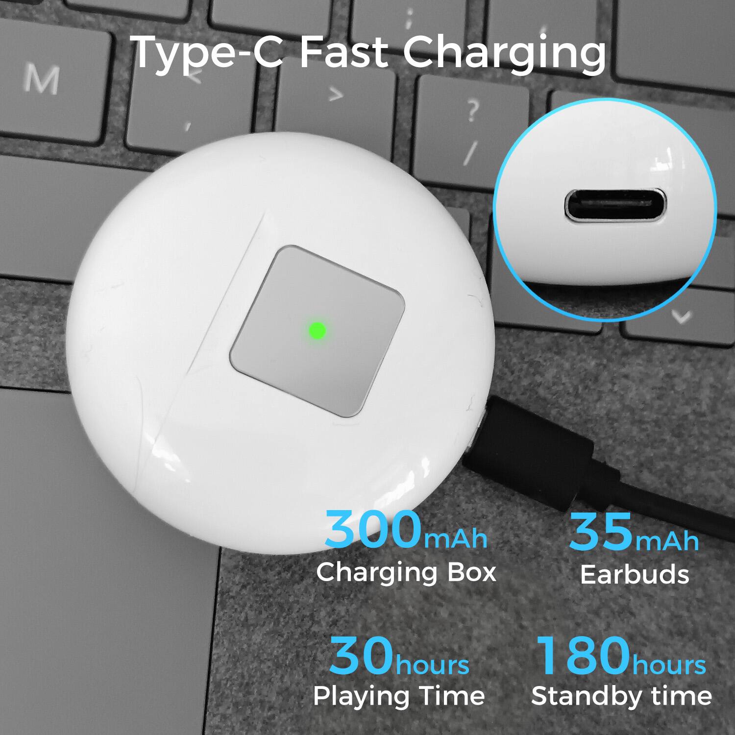 Type-C Fast Charging

300mAh Charging Box  
35mAh Earbuds  
30 hours Playing Time  
180 hours Standby time