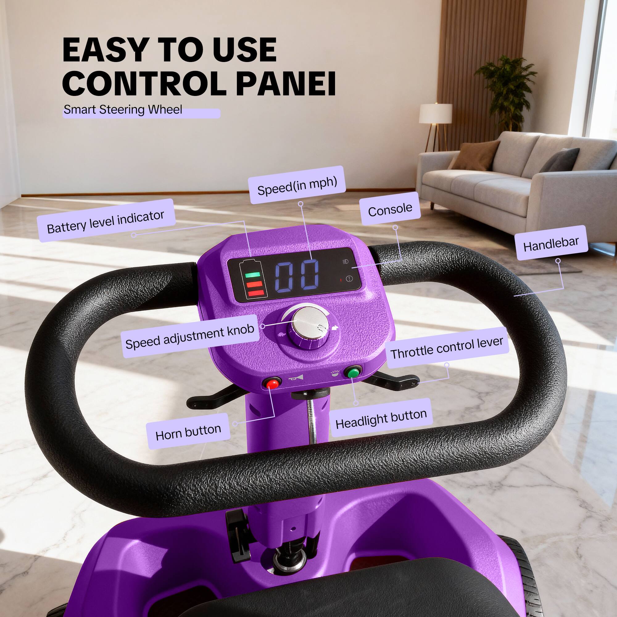 EASY TO USE CONTROL PANEL  
Smart Steering Wheel  
Battery level indicator  
Speed (in mph)  
Console  
Handlebar  
Speed adjustment knob  
Throttle control lever  
Horn button  
Headlight button