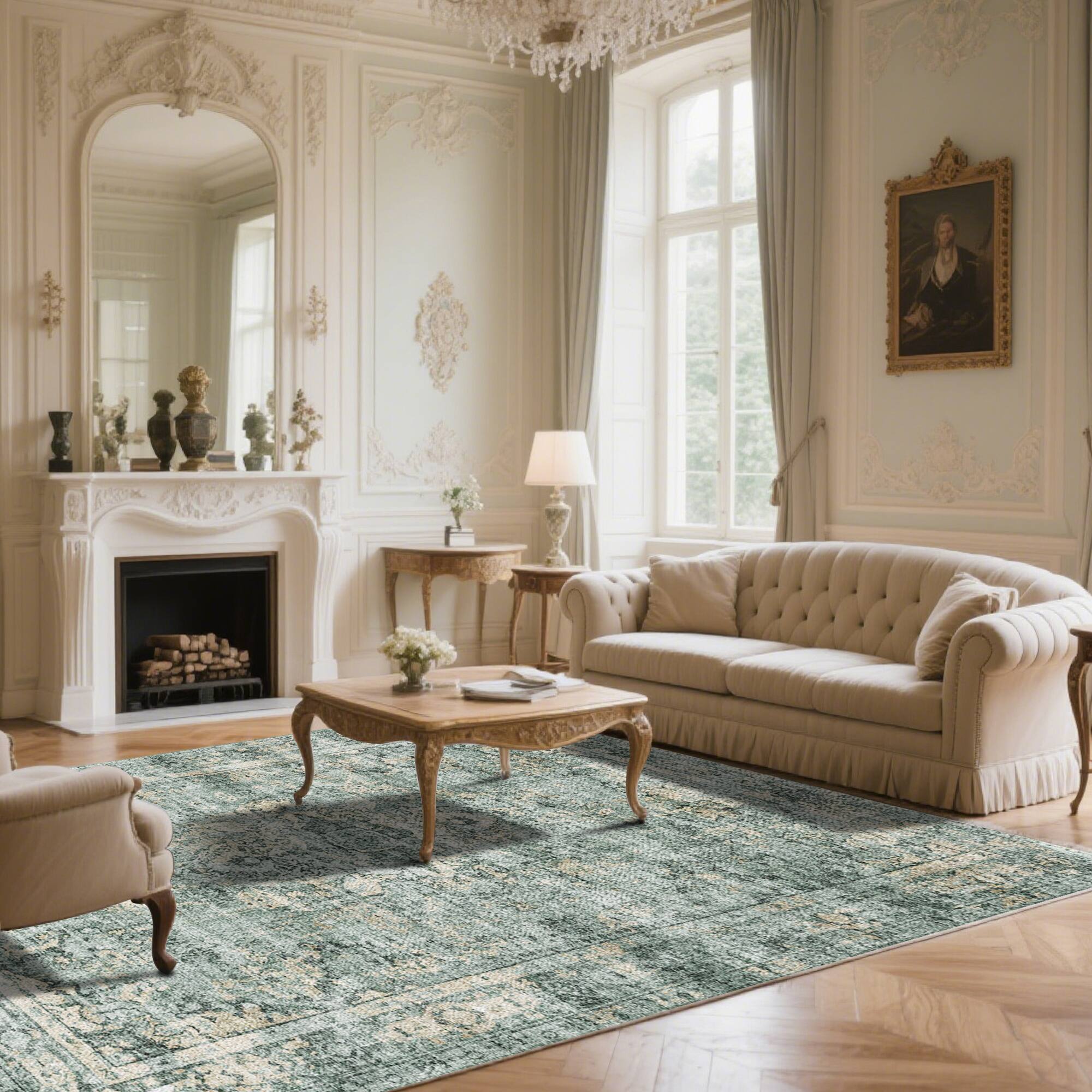 Left. Ihomeadore - 7FT x 5FT Vintage Bohemia Cotton Area Rug with Non-Slip TPR Backing for Indoor Living Room and Entryway - Green.