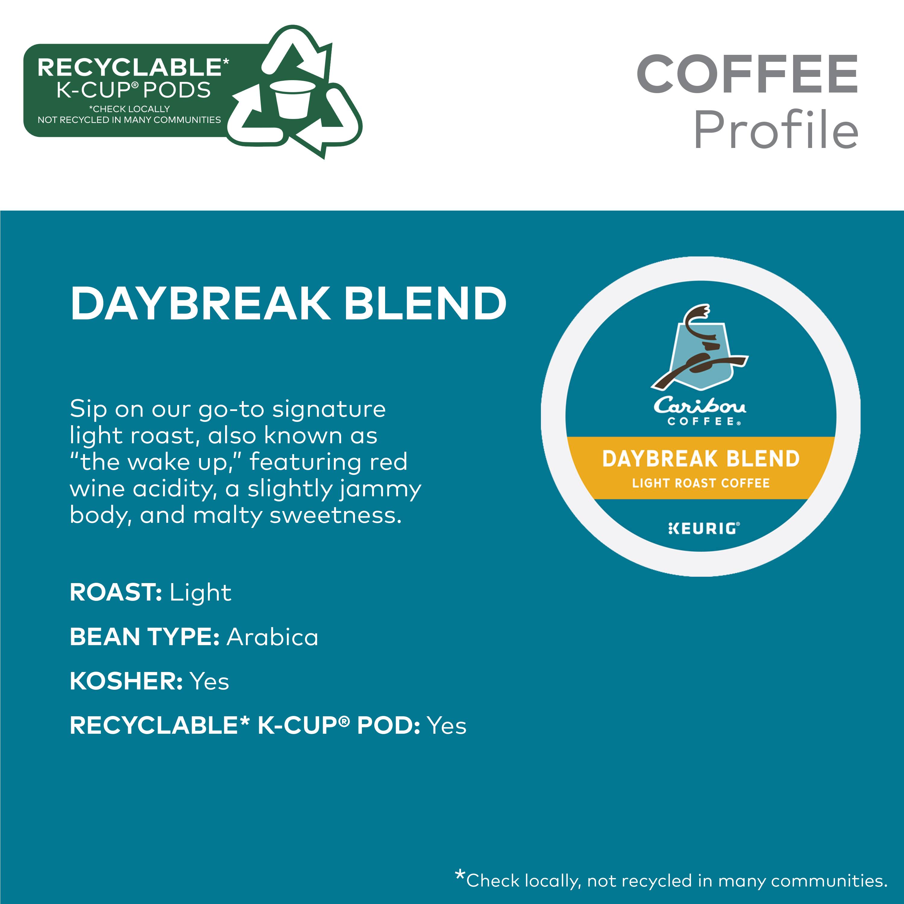 Coffee Profile: Daybreak Blend

Sip on our go-to signature light roast, also known as "the wake up," featuring red wine acidity, a slightly jammy body, and malty sweetness. Caribou COFFEE. Daybreak Blend Light Roast Coffee Keurig Roast: Light
Bean Type: Arabica
Kosher: Yes
Recyclable* K-Cup Pod: Yes
*Check locally, not recycled in many communities.