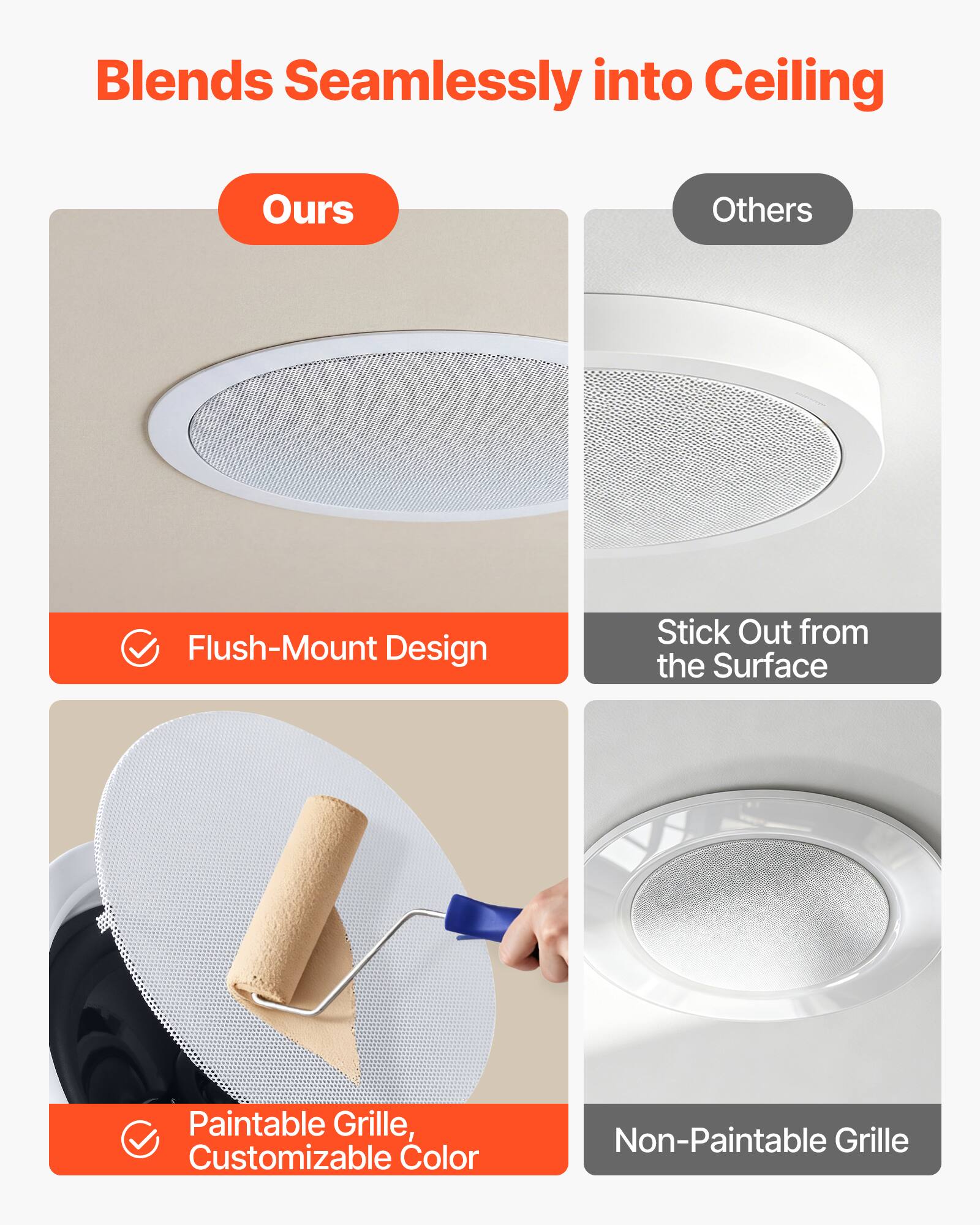 Blends Seamlessly into Ceiling

Ours
- Flush-Mount Design
- Paintable Grille, Customizable Color

Others
- Stick Out from the Surface
- Non-Paintable Grille