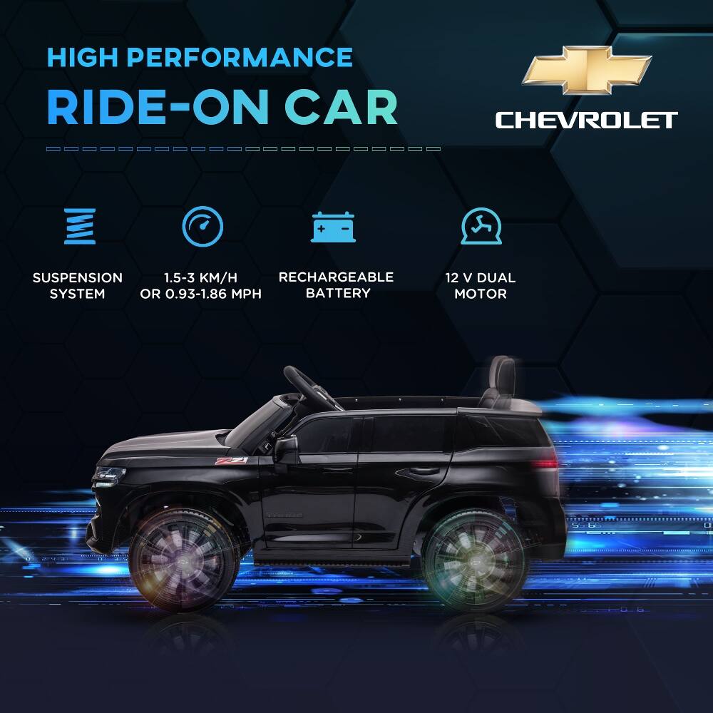 HIGH PERFORMANCE RIDE-ON CAR  
CHEVROLET  
SUSPENSION SYSTEM  
1.5-3 KM/H OR 0.93-1.86 MPH  
RECHARGEABLE BATTERY  
12 V DUAL MOTOR