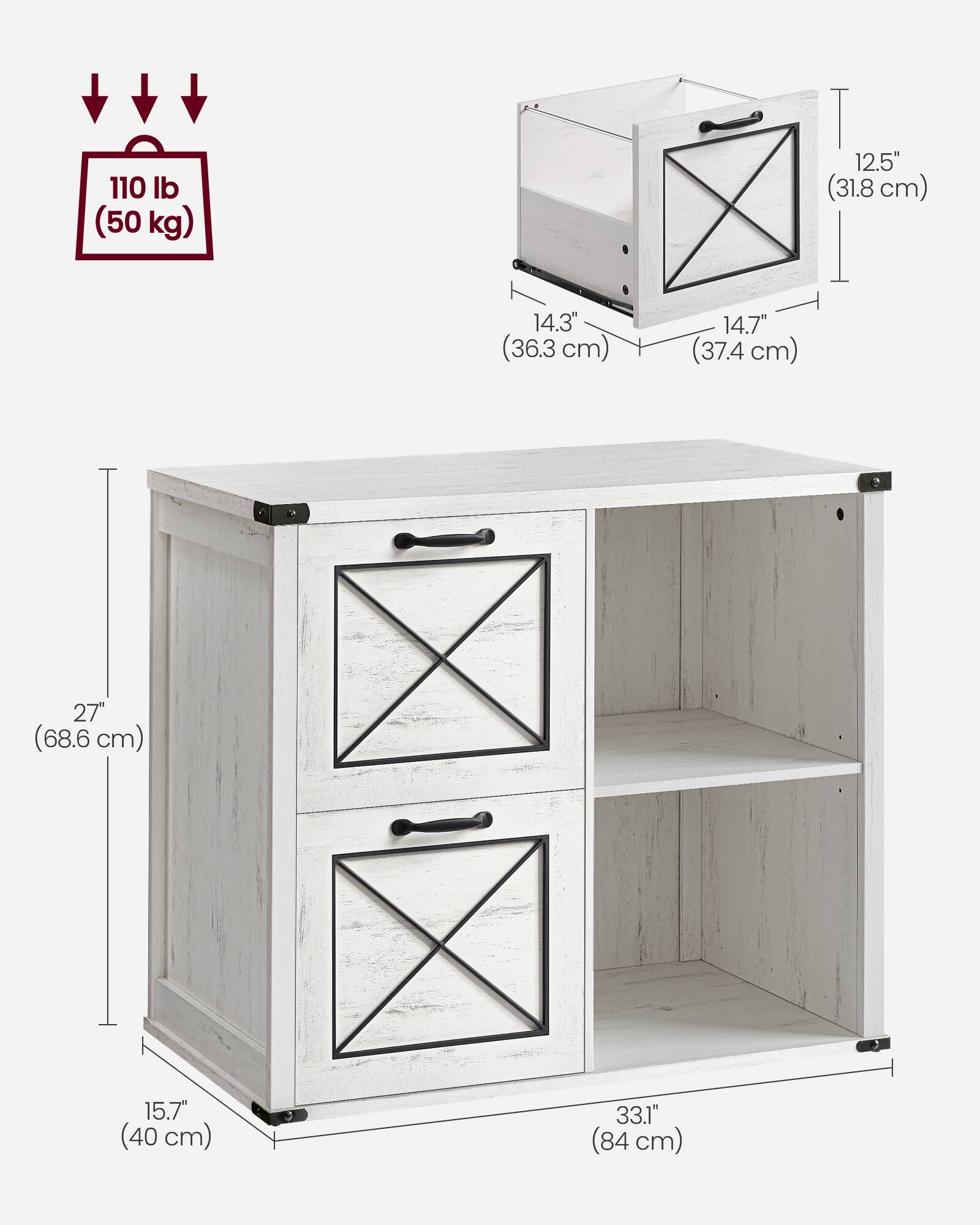 110 lb (50 kg)  
12.5" (31.8 cm)  
14.3" (36.3 cm)  
14.7" (37.4 cm)  
27" (68.6 cm)  
15.7" (40 cm)  
33.1" (84 cm)