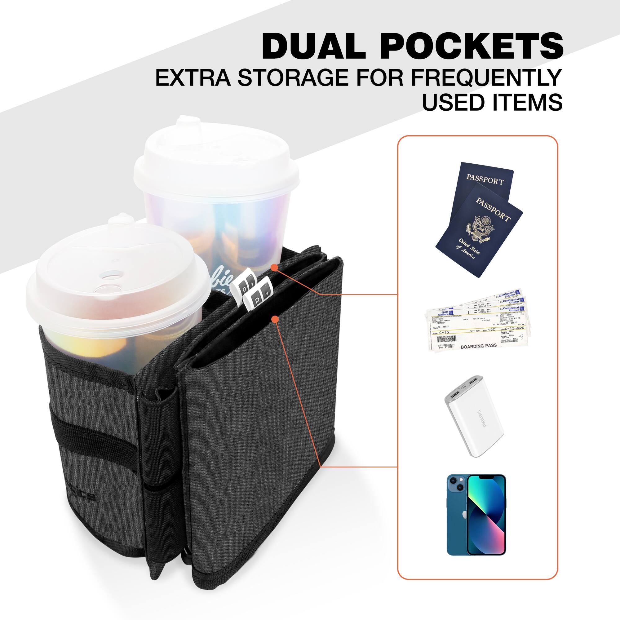 DUAL POCKETS  
EXTRA STORAGE FOR FREQUENTLY USED ITEMS