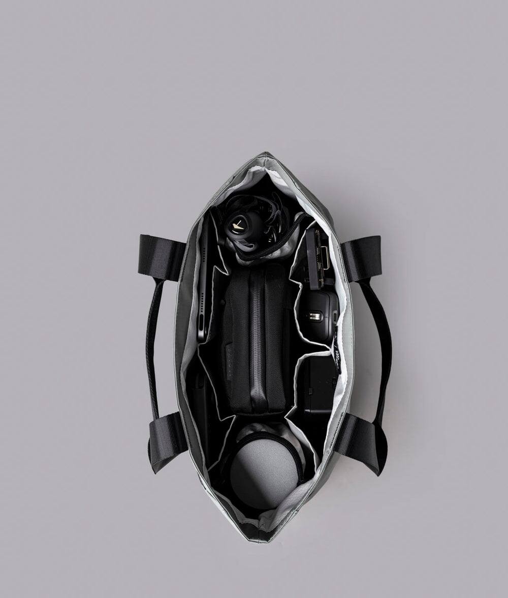 Alt View 4. ALPAKA - Tote Bag Minimalist EDC Travel Tote,14.5L , 2 Bottle Sleeves, Front/Back Slip Pockets, Magnetic Open-Top (No Zipper) - Grey/G Axoflux 210D.