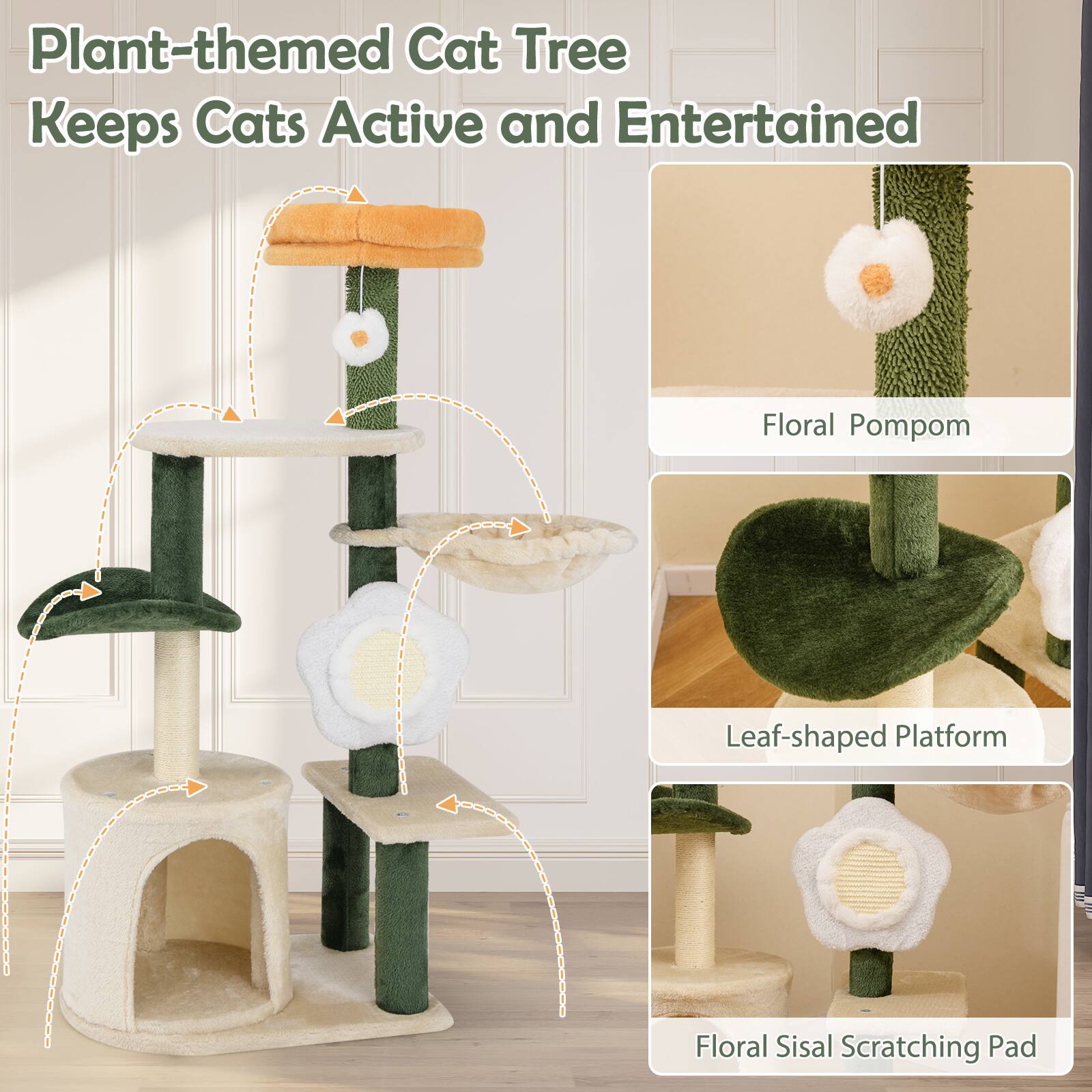 Plant-themed Cat Tree Keeps Cats Active and Entertained

- Floral Pompom
- Leaf-shaped Platform
- Floral Sisal Scratching Pad