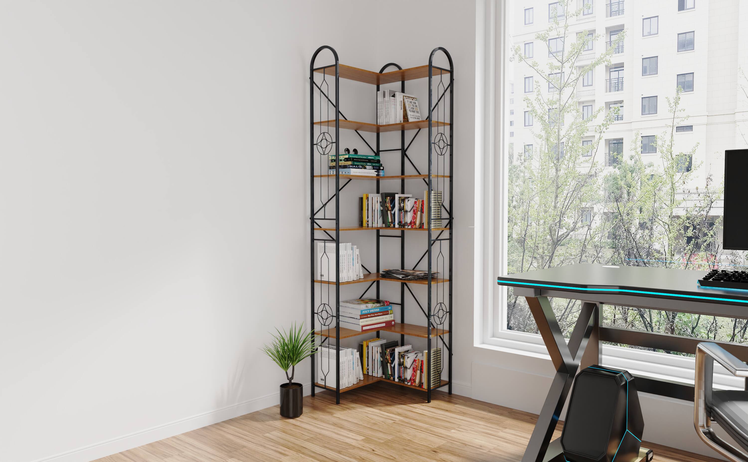 Angle. Tiramisubest - 7-Tier Industrial Corner Bookshelf, L-Shaped Bookcase Freestanding Display Shelf,Space-Saving Design - Brown.