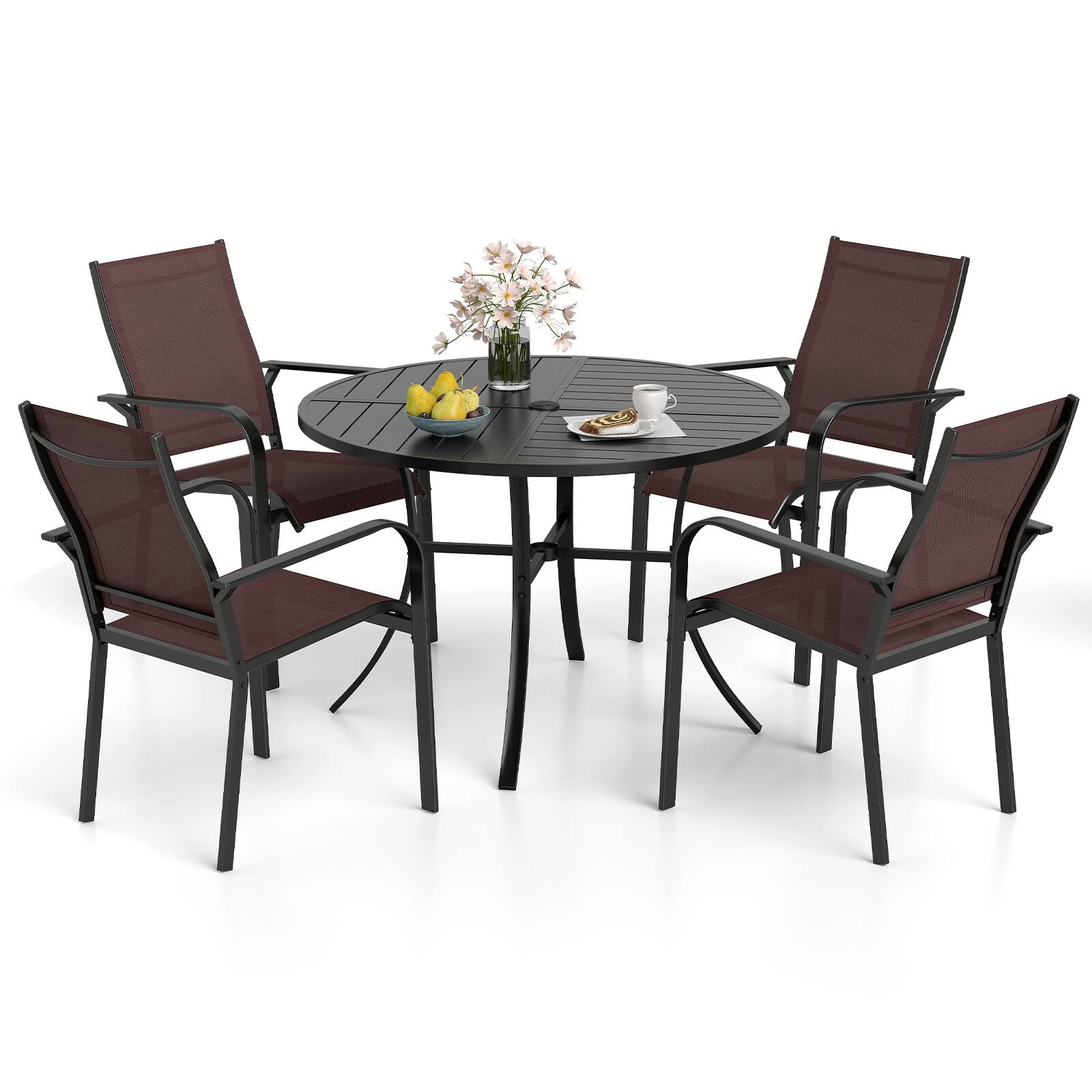 Alt View 1. Gymax - Gymax 5-Piece Patio Dining Set for 4Round Metal Table w/ Umbrella Hole & 4 Stackable Coffee & Black - Multicolor.