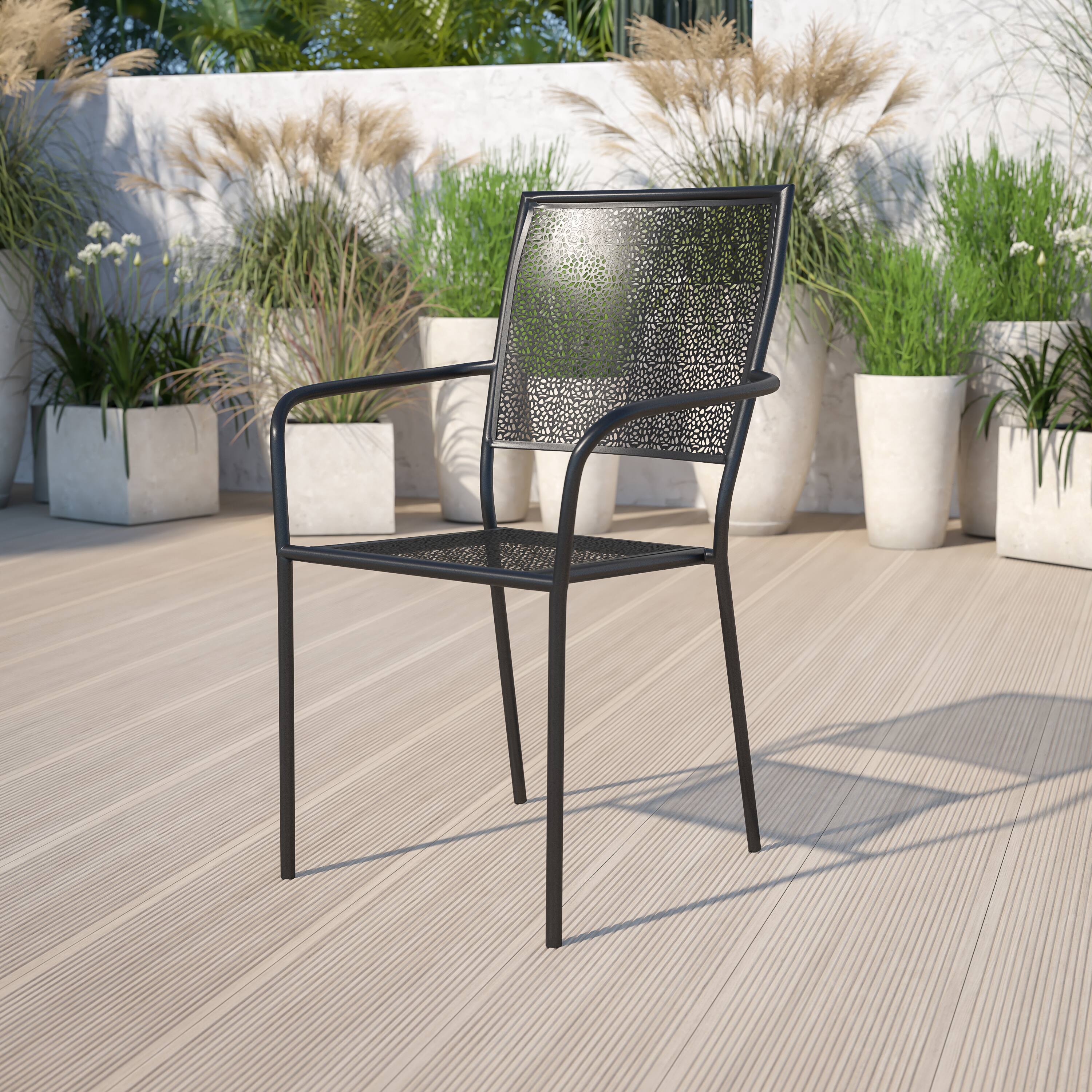Alt View 1. Emma + Oliver - Commercial Grade Colorful Metal Patio Arm Chair with Square Back - Black.