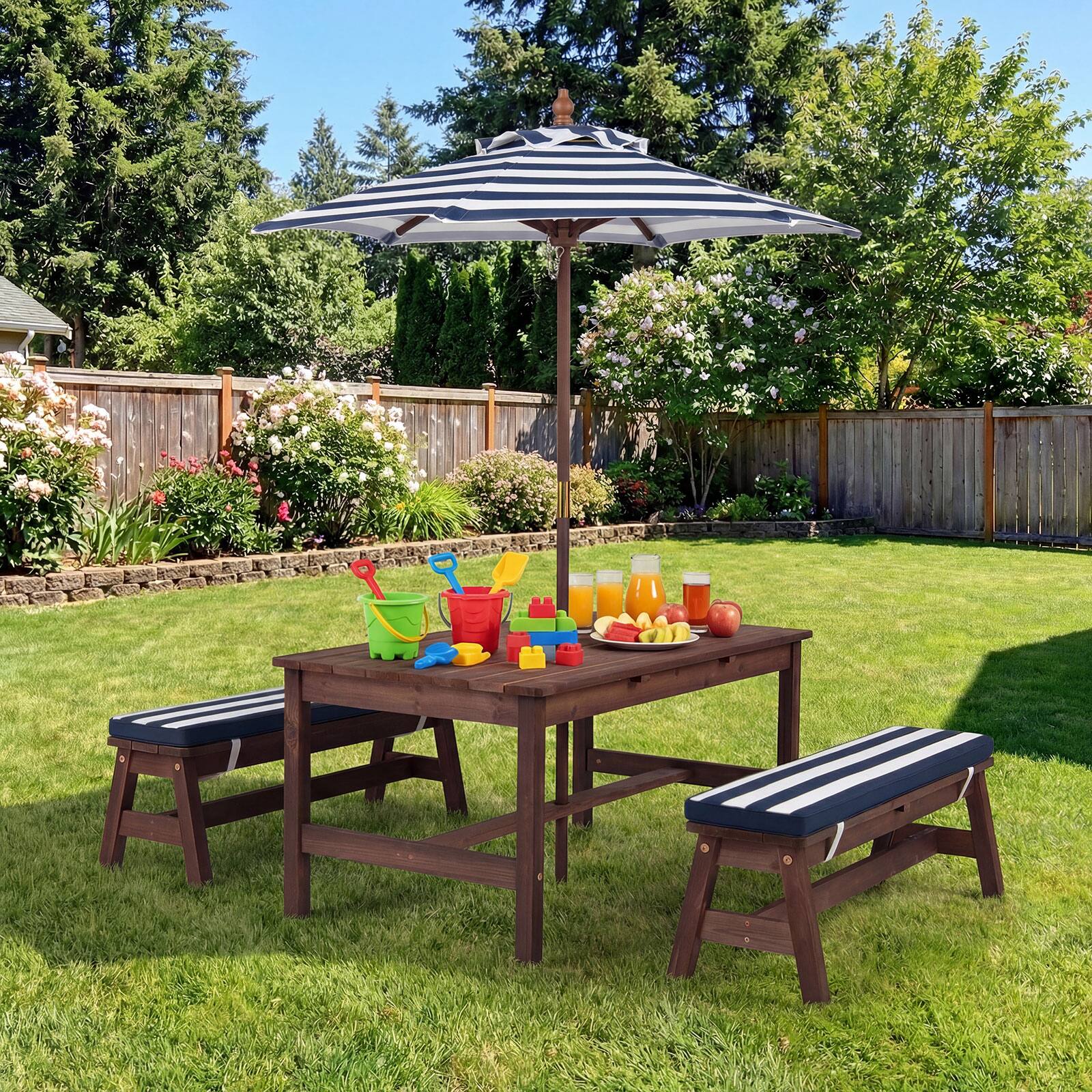 Alt View 4. Gymax - Gymax Kids Picnic Table Outdoor Wooden Table & Bench Set w/ Removable Umbrella - Blue.