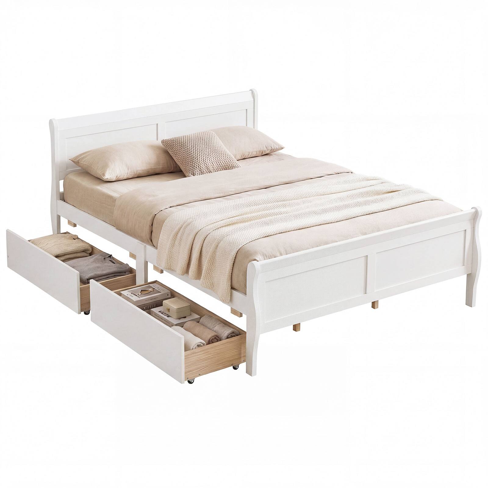 Costway - Queen Size Bed Frame with Storage Drawers, Wood Platform Bed with Headboard Footboard - White