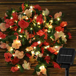 Oumilen - 50LED Solar Rose Vine String Lights Warm White 8 Modes Pink Flower Fairy Lights Outdoor Decor