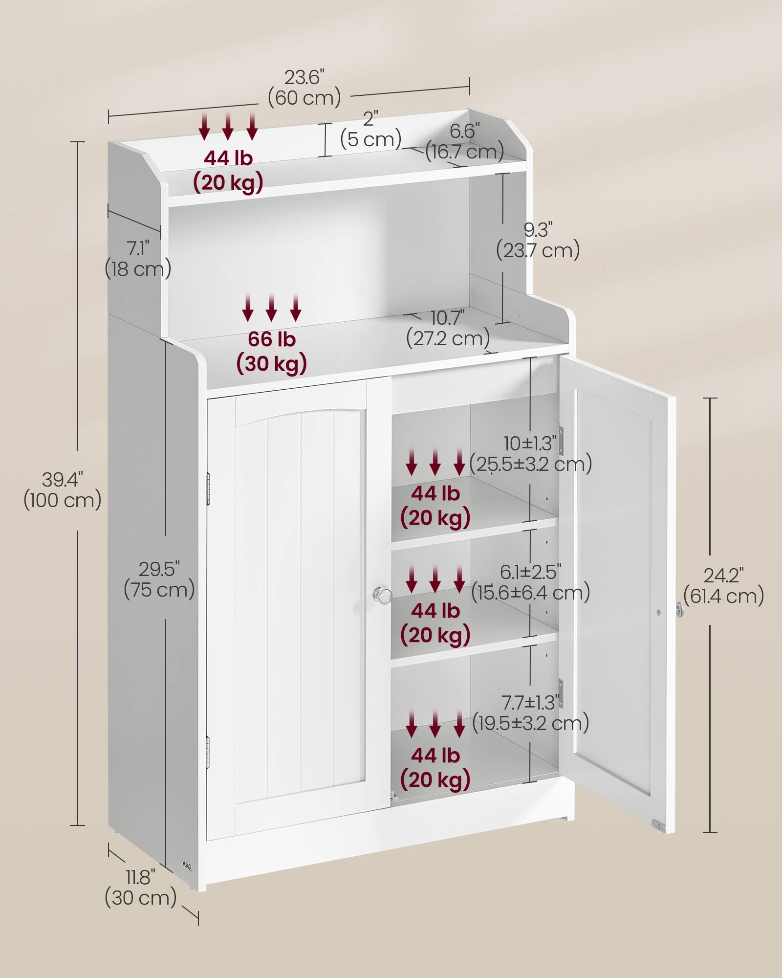 23.6" (60 cm)  
2" (5 cm)  
6.6" (16.7 cm)  
44 lb (20 kg)  
7.1" (18 cm)  
9.3" (23.7 cm)  
66 lb (30 kg)  
10.7" (27.2 cm)  
39.4" (100 cm)  
10.1"±1.3" (25.5±3.2 cm)  
44 lb (20 kg)  
29.5" (75 cm)  
6.1"±2.5" (15.6±6.4 cm)  
44 lb (20 kg)  
24.2" (61.4 cm)  
7.7"±1.3" (19.5±3.2 cm)  
44 lb (20 kg)  
11.8" (30 cm)