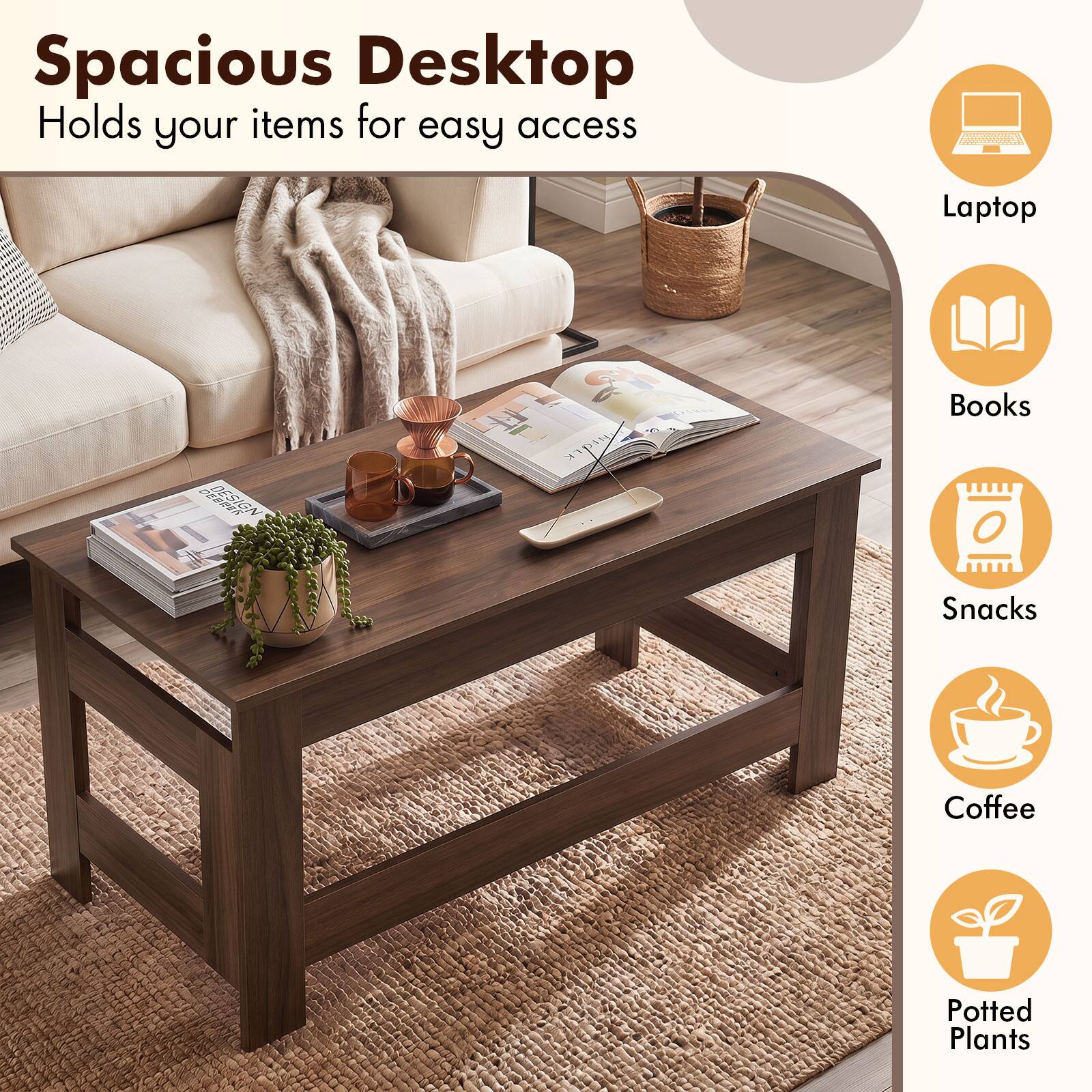 Spacious Desktop  
Holds your items for easy access  
Laptop  
Books  
Snacks  
Coffee  
Potted Plants