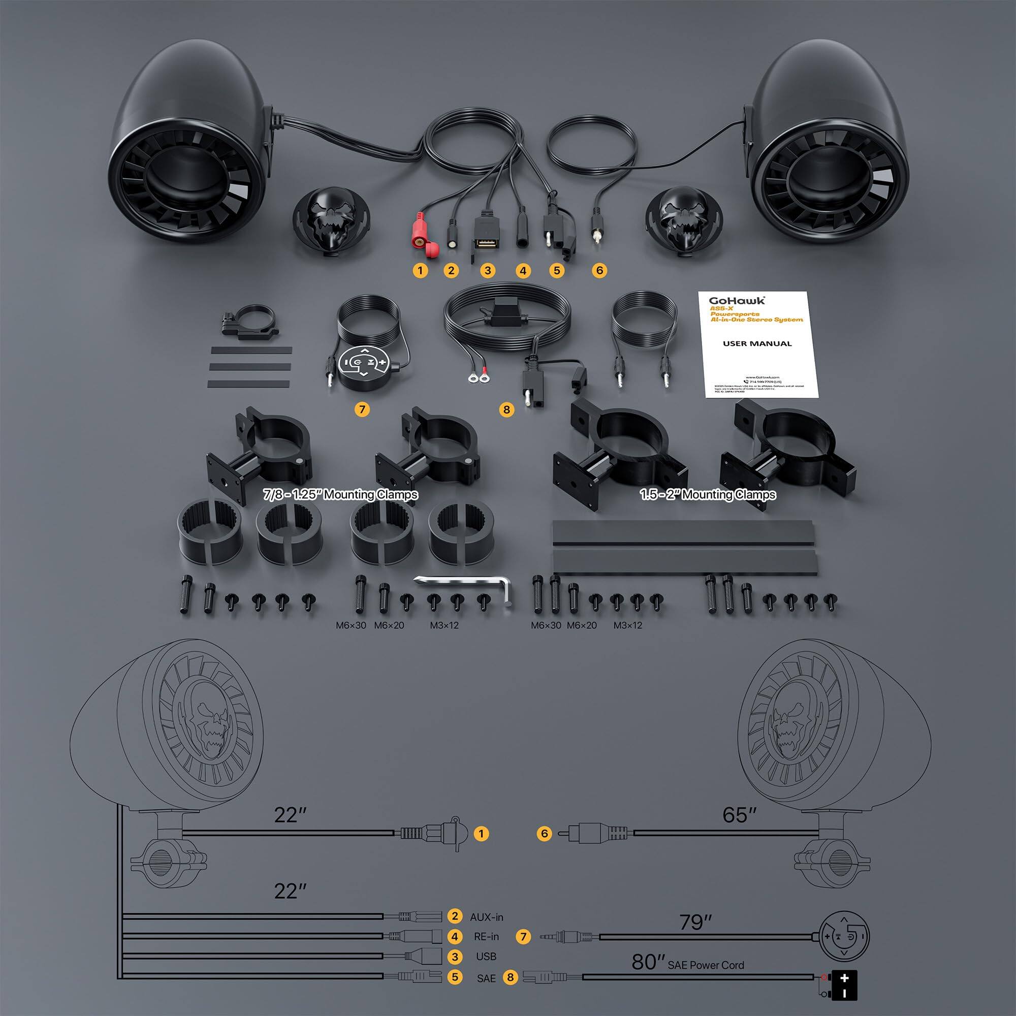 1. GoHawk
2. USER MANUAL
3. 7/8"-1.25" Mounting Clamps
4. 1.5"-2" Mounting Clamps
5. M6x30 M6x20 M3x12
6. 22"
7. 65"
8. 79"
9. 80" SAE Power Cord
10. AUX-in
11. RE-in
12. USB
13. SAFE