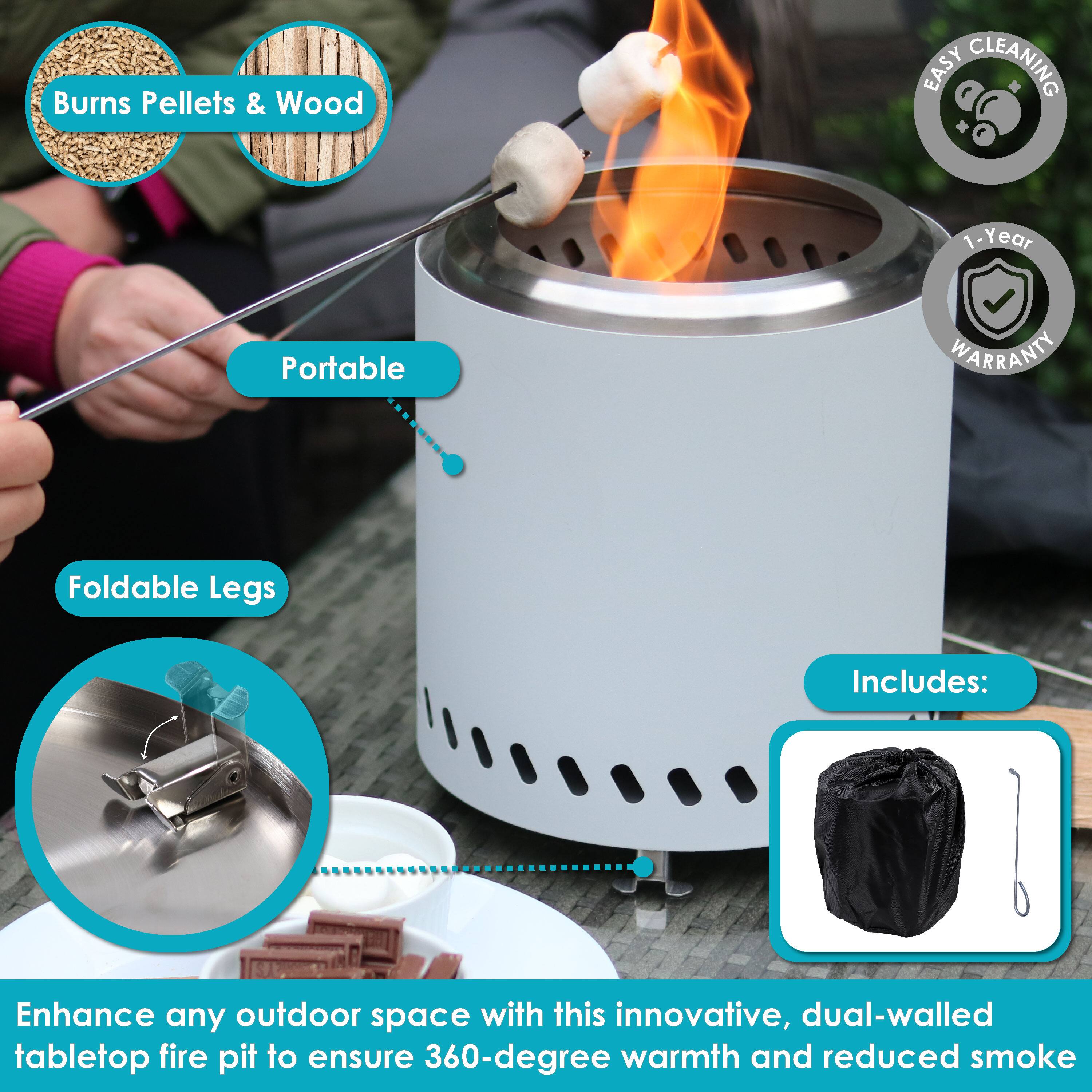 Burns Pellets & Wood  
Portable  
Foldable Legs  
Easy Cleaning  
1-Year Warranty  

Includes:  

Enhance any outdoor space with this innovative, dual-walled tabletop fire pit to ensure 360-degree warmth and reduced smoke.