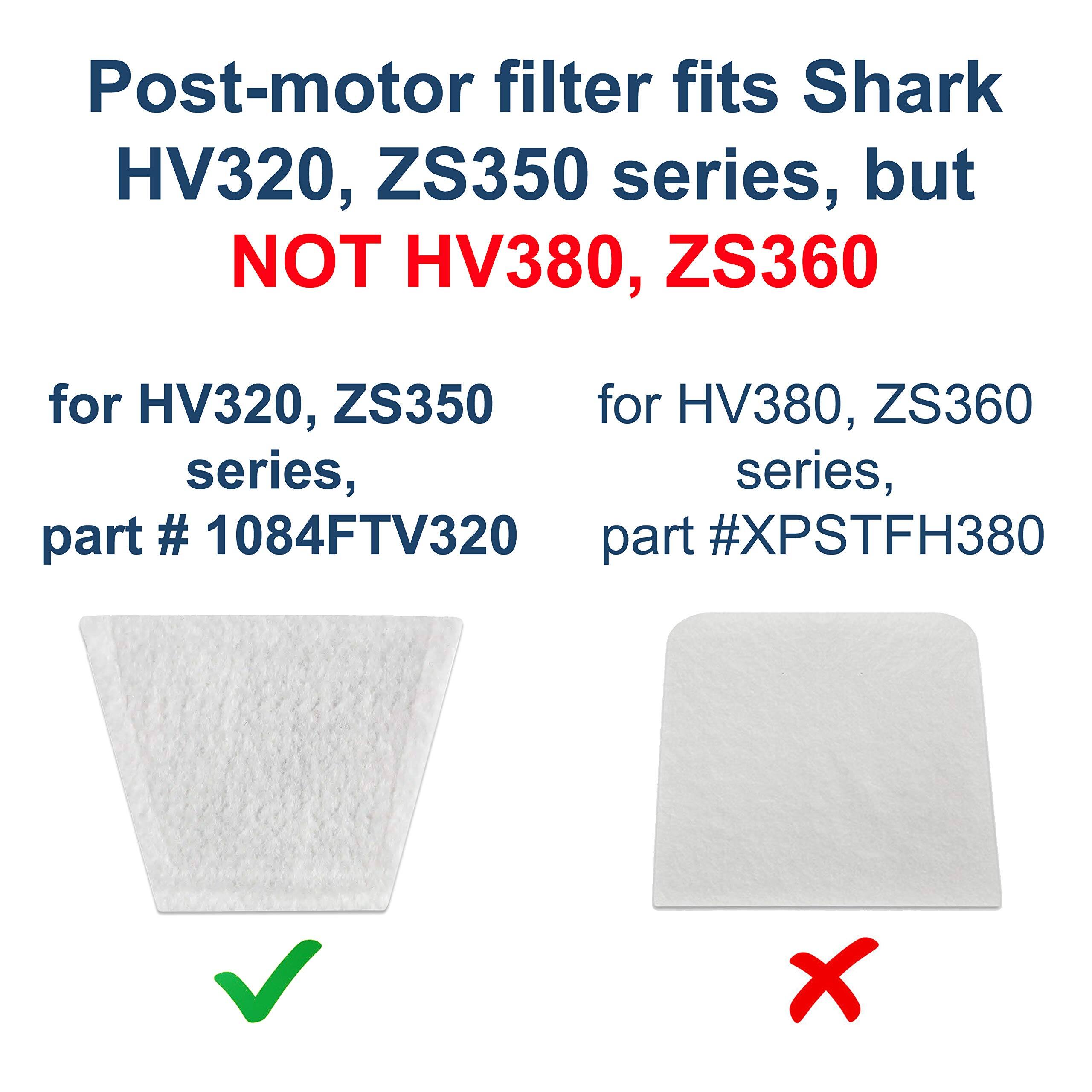 Post-motor filter fits Shark HV320, ZS350 series, but NOT HV380, ZS360

for HV320, ZS350 series, part # 1084FTV320

for HV380, ZS360 series, part # XPSTFH380