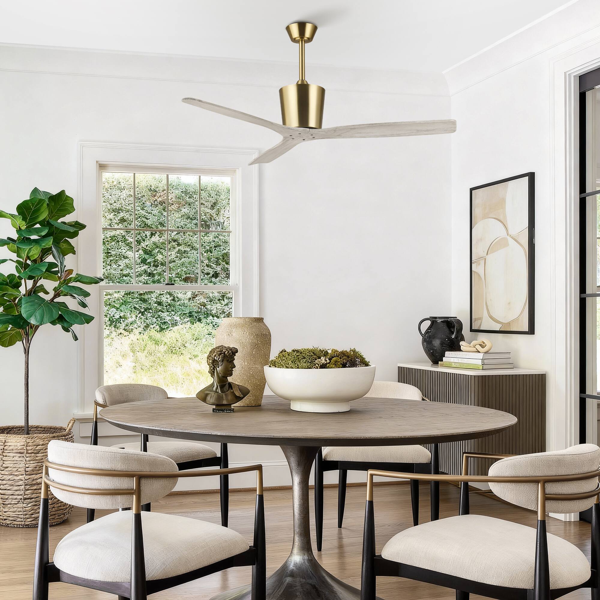 Alt View 1. Parrot Uncle - 54" Modern Solid Wood Blades Ceiling Fan with 6 Speed Remote, No Light - Gold.