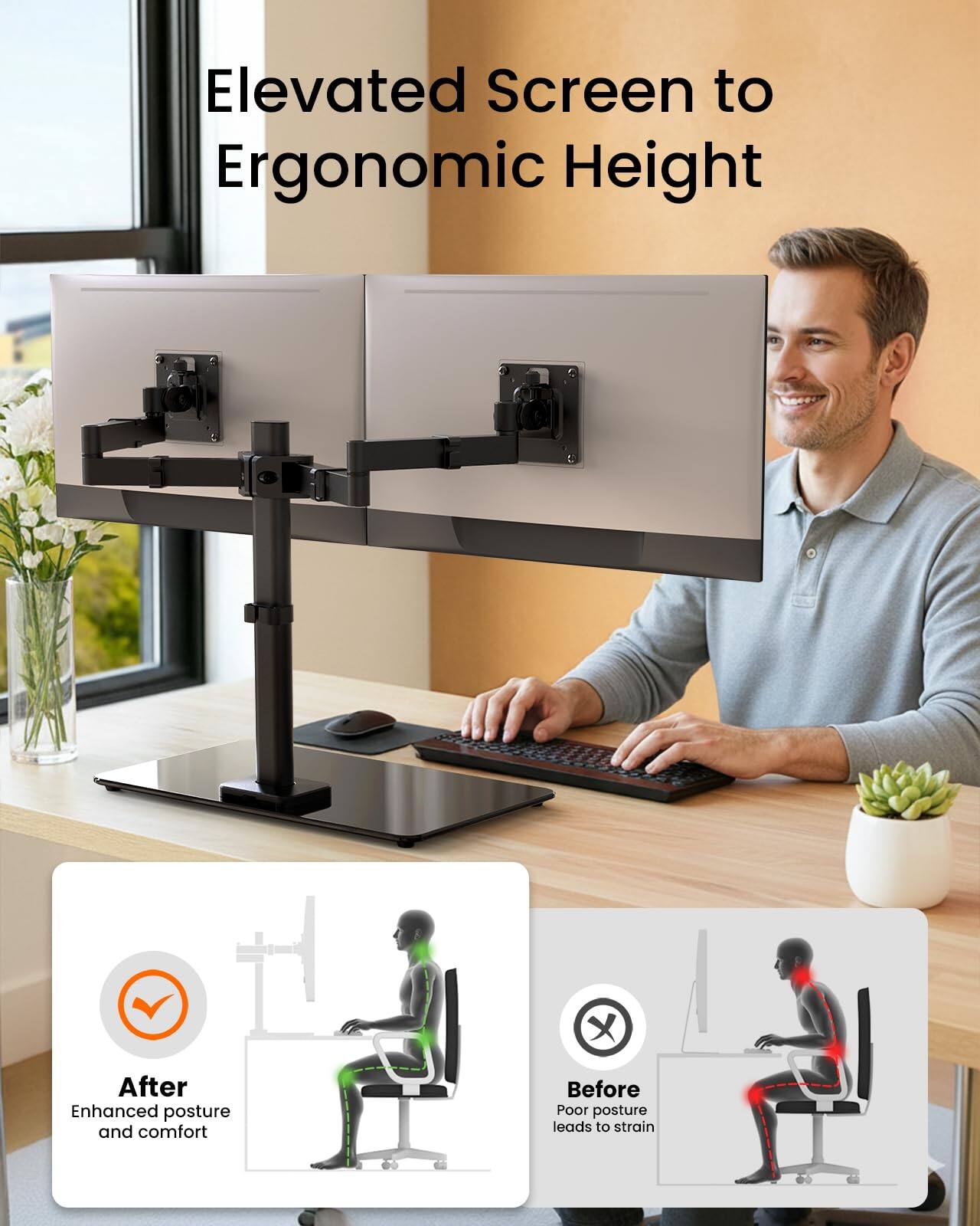 Elevated Screen to Ergonomic Height

After
Enhanced posture and comfort

Before
Poor posture leads to strain