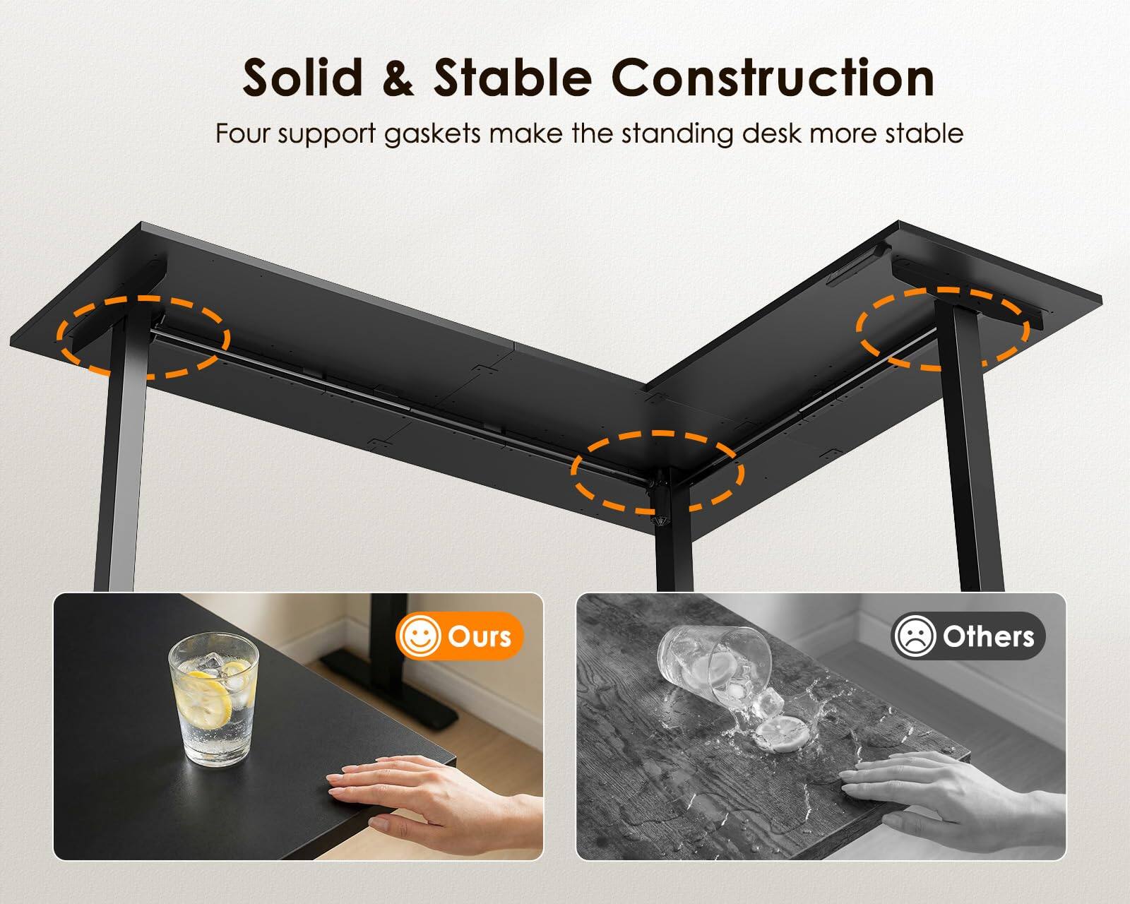 Solid & Stable Construction  
Four support gaskets make the standing desk more stable

Ours

Others