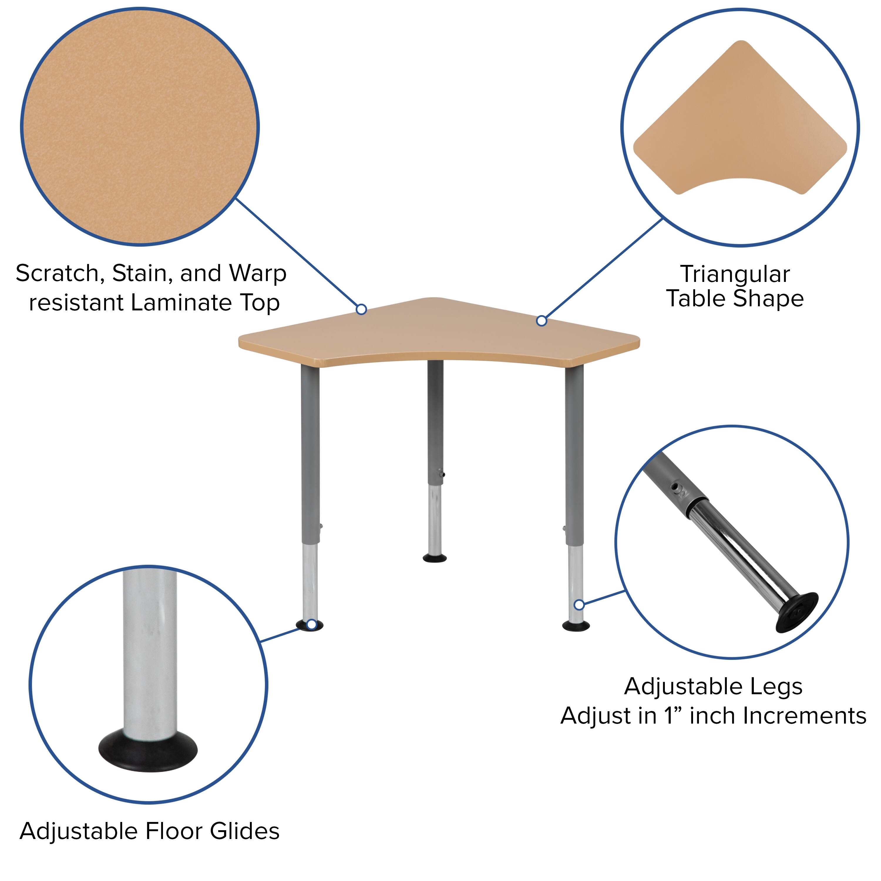 - Scratch, Stain, and Warp resistant Laminate Top
- Triangular Table Shape
- Adjustable Legs Adjust in 1" inch Increments
- Adjustable Floor Glides