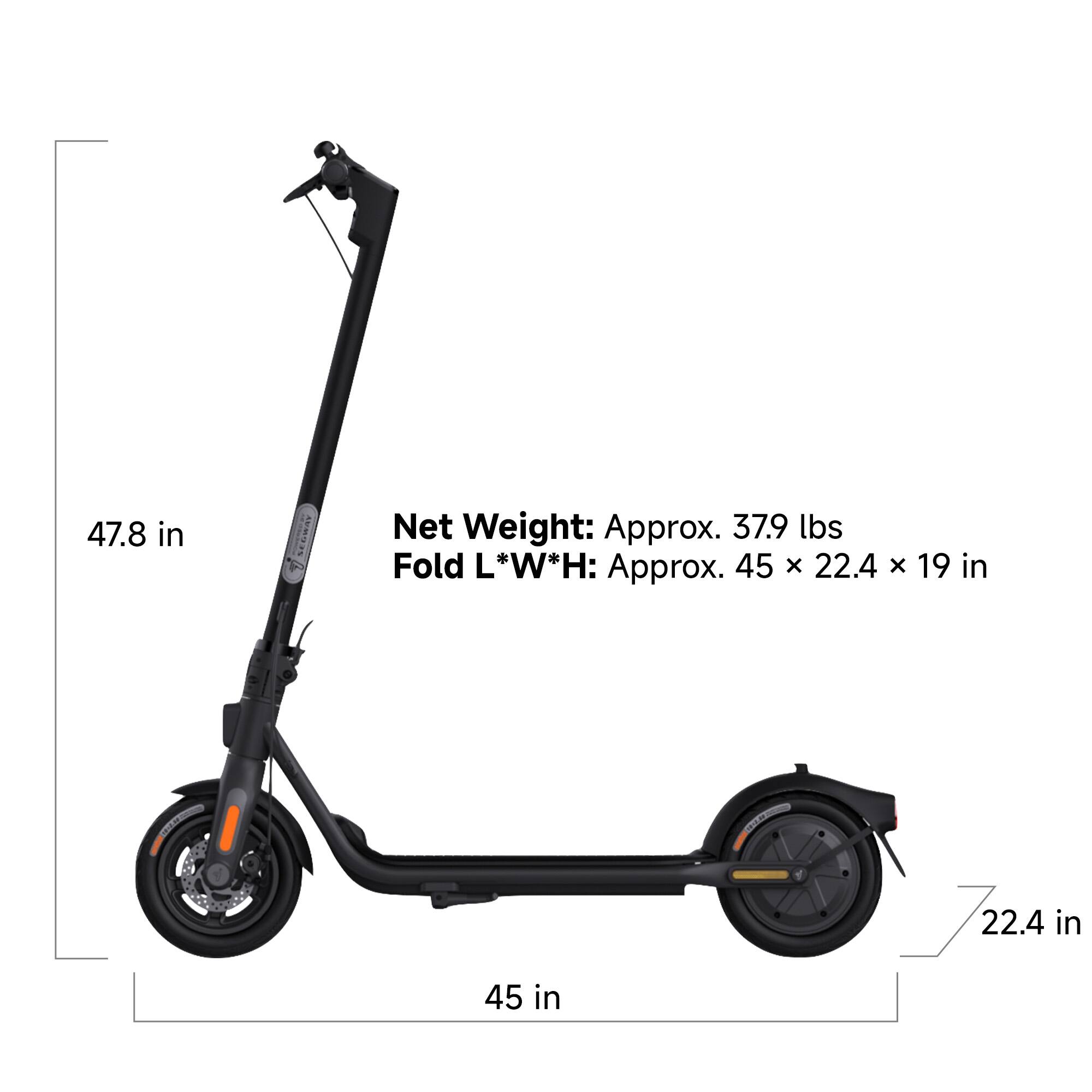 The image shows a foldable scooter with a net weight of approximately 37.9 lbs. The dimensions of the scooter are approximately 45 x 22.4 x 22.4 inches, with a foldable design that allows it to be easily stored when not in use.