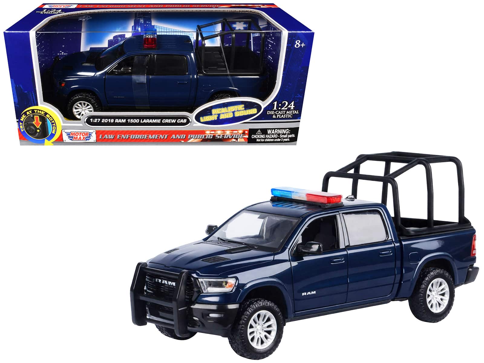 Motormax - 2019 RAM 1500 Laramie Crew Cab Dark Blue Pickup Bed Cage Lights Sounds Light Bar 1/27 - Dark Blue with Light Bar