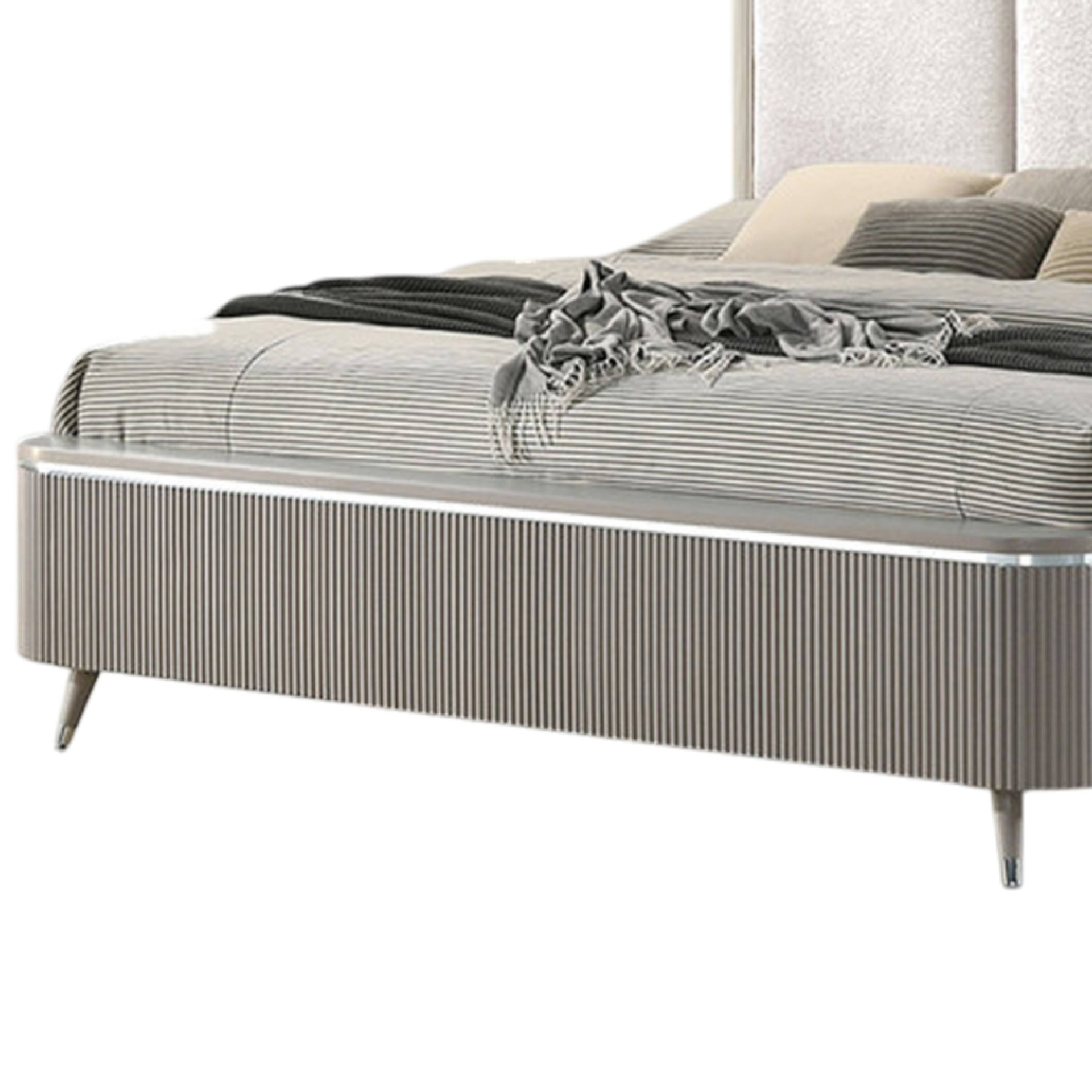 Alt View 3. Manhattan Lane - Gema Queen Bed, Channeled Upholstery, Reeded w Silver Line - Light Gray, Silver.
