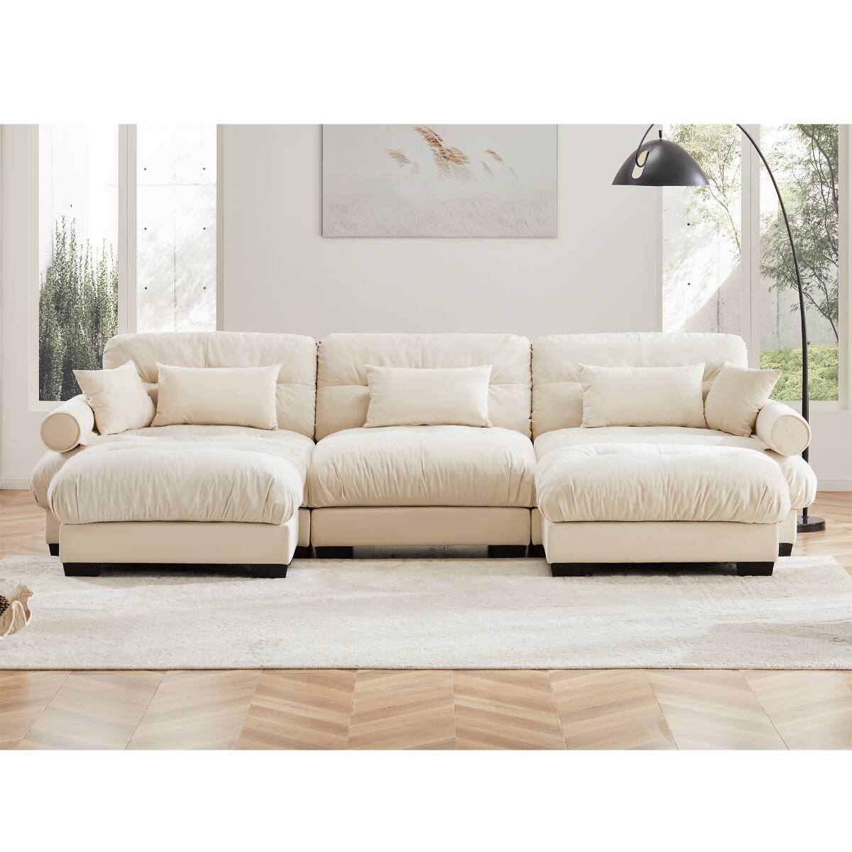 Left. Ropilly - Ropilly U Shaped Sectional Sofa, Cream Velvet Modular Sectional Sofa with Two Movable Ottomans - Cream.