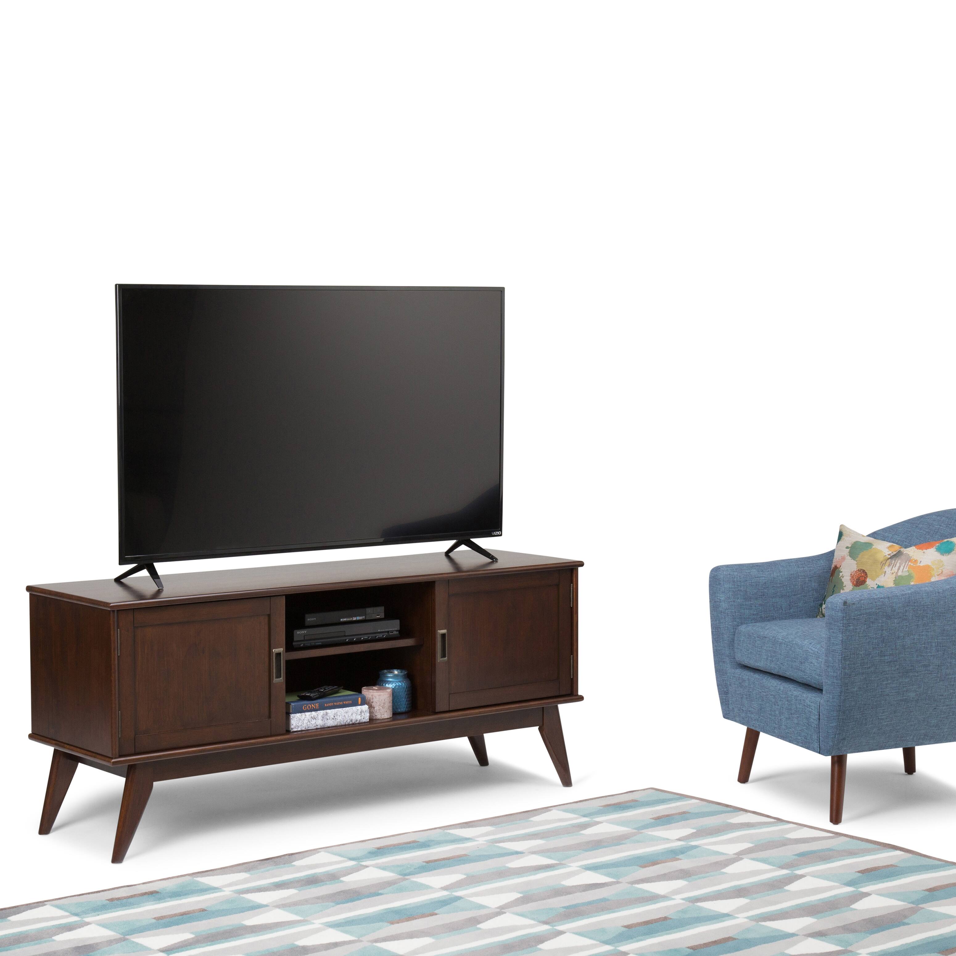 Angle. Simpli Home - Draper SOLID HARDWOOD 60 inch Wide Mid Century Modern TV Media Stand in Medium Auburn Brown For TVs up to 65 inches - Medium Auburn Brown.