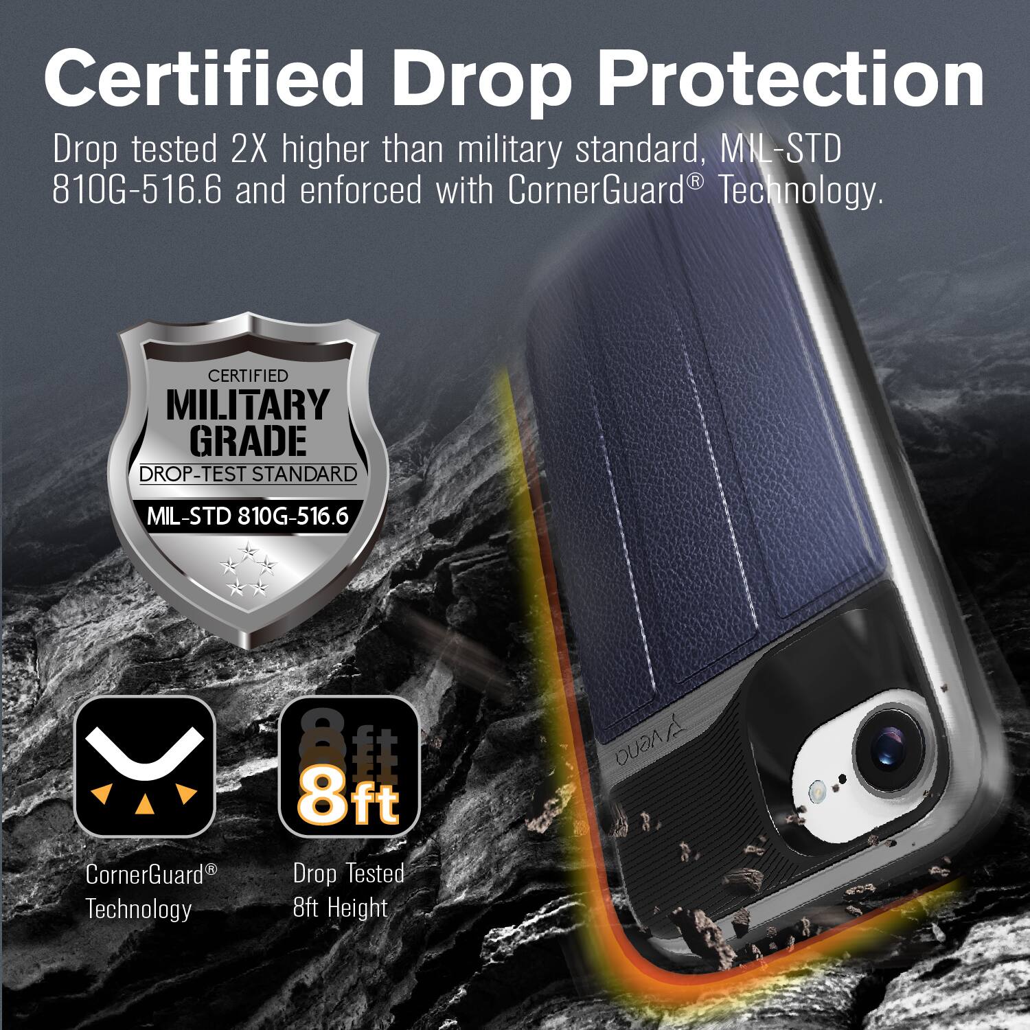 Certified Drop Protection, Drop tested 2X higher than military standard, MIL-STD 810G-516.6 and enforced with CornerGuard Technology. CERTIFIED MILITARY GRADE DROP-TEST STANDARD MIL-STD 810G-516.6 CornerGuard Technology 8ft Drop Tested 8ft Height AAGUO