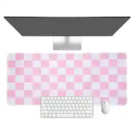 Unique Bargains - Checkered Desk Mat, 23.6x11.8 Inch Mouse Pad, Non-Slip Rubber, Stitched Edges, Soft, for Computer/Laptop - Pink/White