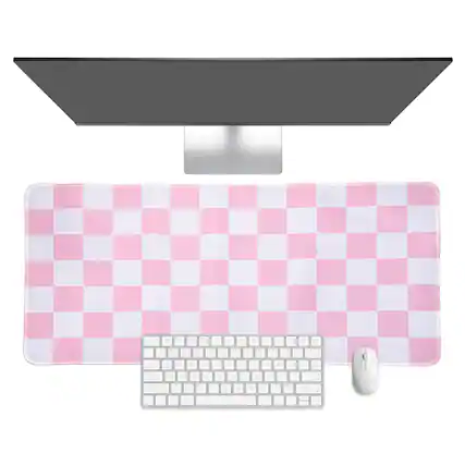 Front. Unique Bargains - Checkered Desk Mat, 23.6x11.8 Inch Mouse Pad, Non-Slip Rubber, Stitched Edges, Soft, for Computer/Laptop - Pink/White.