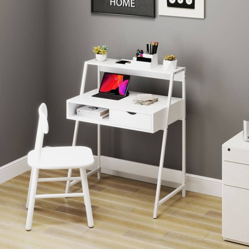 Anysun - 31.5" Computer Desk with Drawer & Storage Shelves, Space-Saving Home Office Desk for Small Spaces - White