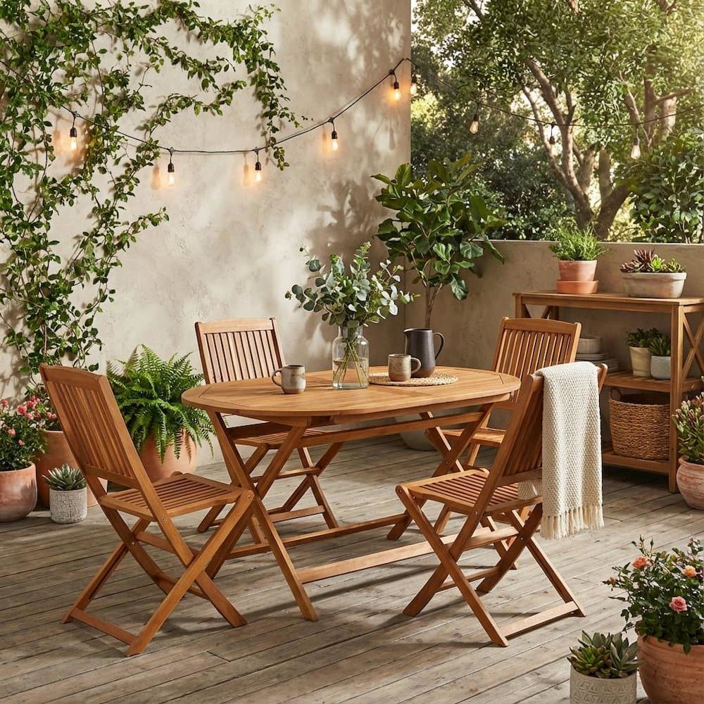 Outdoor Escape - Wooden Patio Set Oil-Finished Dining Table and 4 Outdoor Chairs - Brown