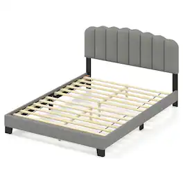 LUCKY ONE - Queen Assembled Platform Bed Frame with Adjustable Scalloped Tufted Headboard Linen LVL Slats - Gray + Black