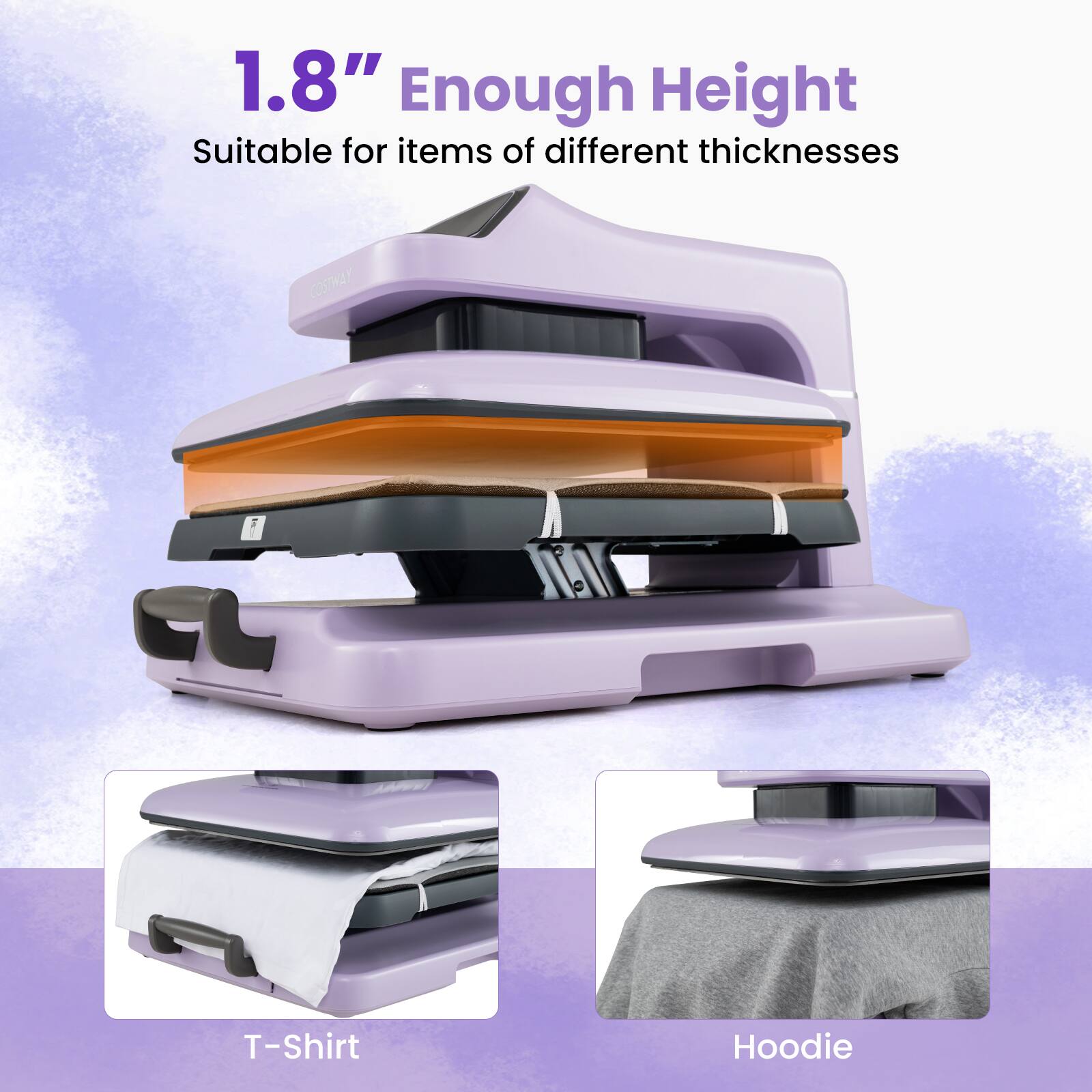 1.8" Enough Height  
Suitable for items of different thicknesses  
COSTWAY T-Shirt Hoodie