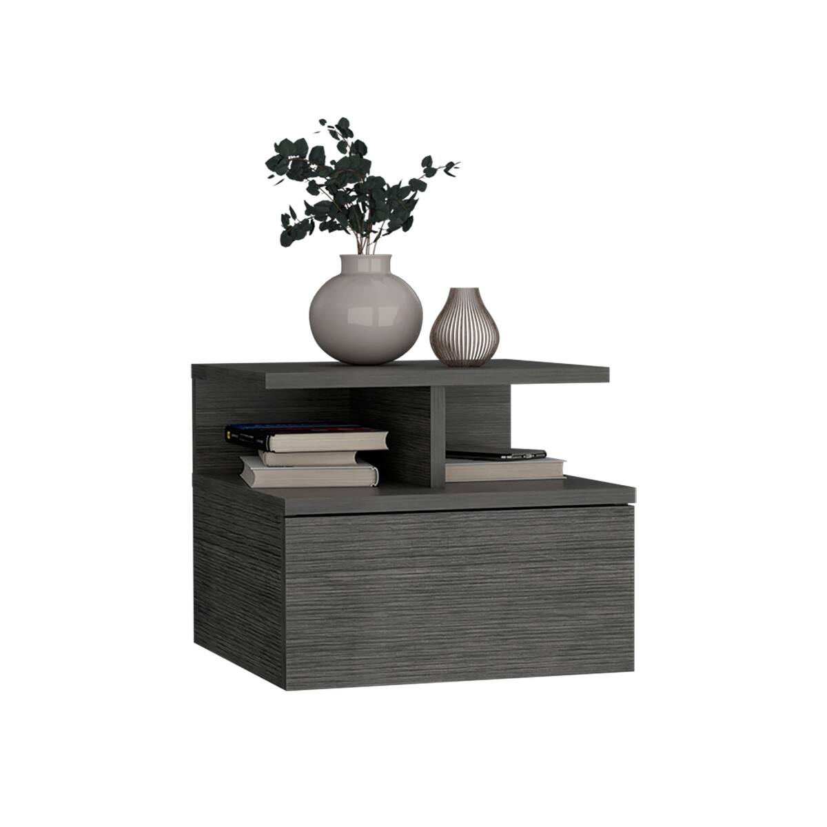 Alt View 2. Loheer - Loheer Floating Nightstand Smokey Oak Wall Mounted Bedside Table with Single Drawer and Two Tier Shelf - Smokey Oak.