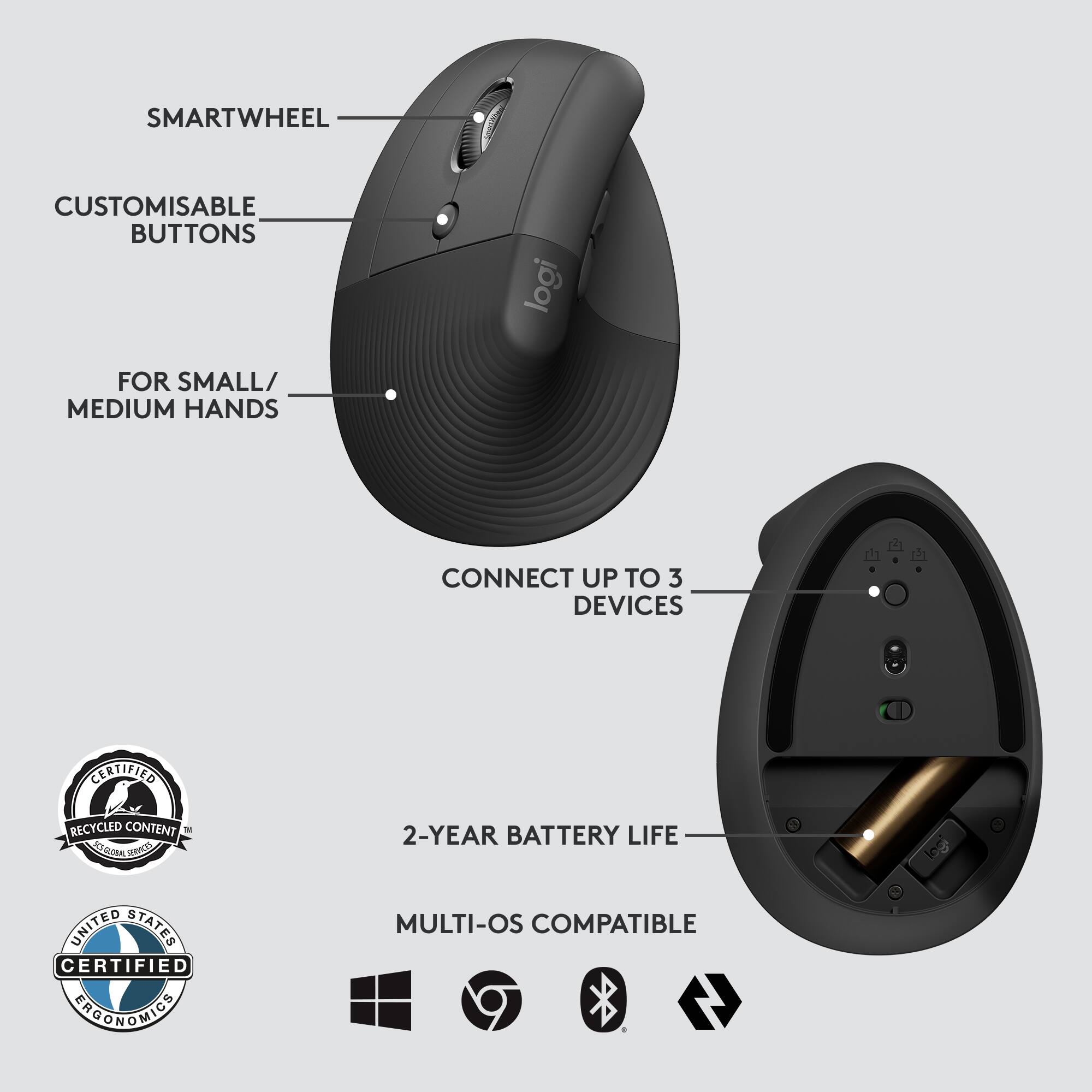 SMARTWHEEL  
CUSTOMISABLE BUTTONS  
FOR SMALL/MEDIUM HANDS  
CONNECT UP TO 3 DEVICES  
CERTIFIED RECYCLED CONTENT  
2-YEAR BATTERY LIFE  
MULTI-OS COMPATIBLE  

CERTIFIED RECYCLED CONTENT  
UNITED STATES CERTIFIED ERGONOMICS