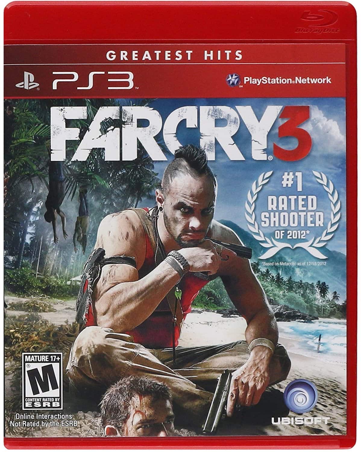 Greatest Hits  
PS3  
PlayStation Network  

FARCRY 3  
#1 Rated Shooter of 2012*  
Based on Metacritic as of 12/18/2012  

Mature 17+  
Content Rated by ESRB  
Online Interactions Not Rated by the ESRB  

UBISOFT  

*Blu-ray Disc