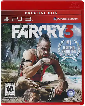 Greatest Hits
PS3
PlayStation Network
FARCRY 3
#1 Rated Shooter of 2012*
Based on Metacritic as of 12/18/2012
Mature 17+
Content Rated by ESRB
Online Interactions Not Rated by the ESRB
UBISOFT
*Blu-ray Disc - M (Mature 17+)