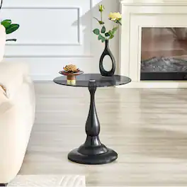 Anysun - Small Metal Side Table – Modern Round-Edge Table with Tempered Glass Top – Approx. 19.6" Diameter - Black, Grey