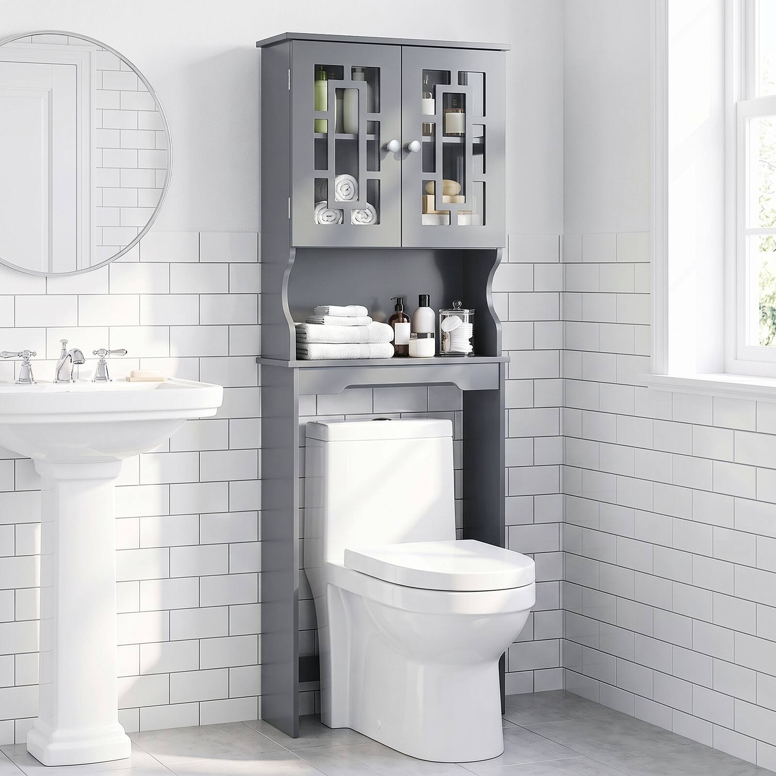 Alt View 1. Costway - Costway Over the Toilet Storage Bathroom Spacesaver Cabinet Tower Organizer Shelf & Doors - Gray.