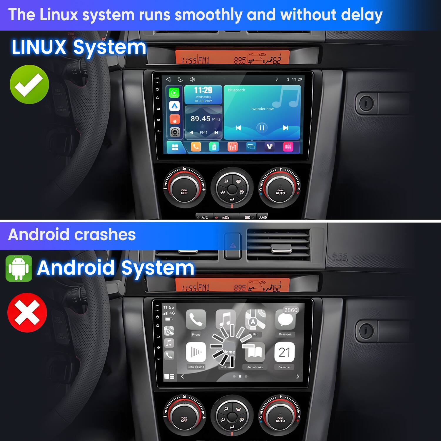 The Linux system runs smoothly and without delay

LINUX System

Android crashes

Android System