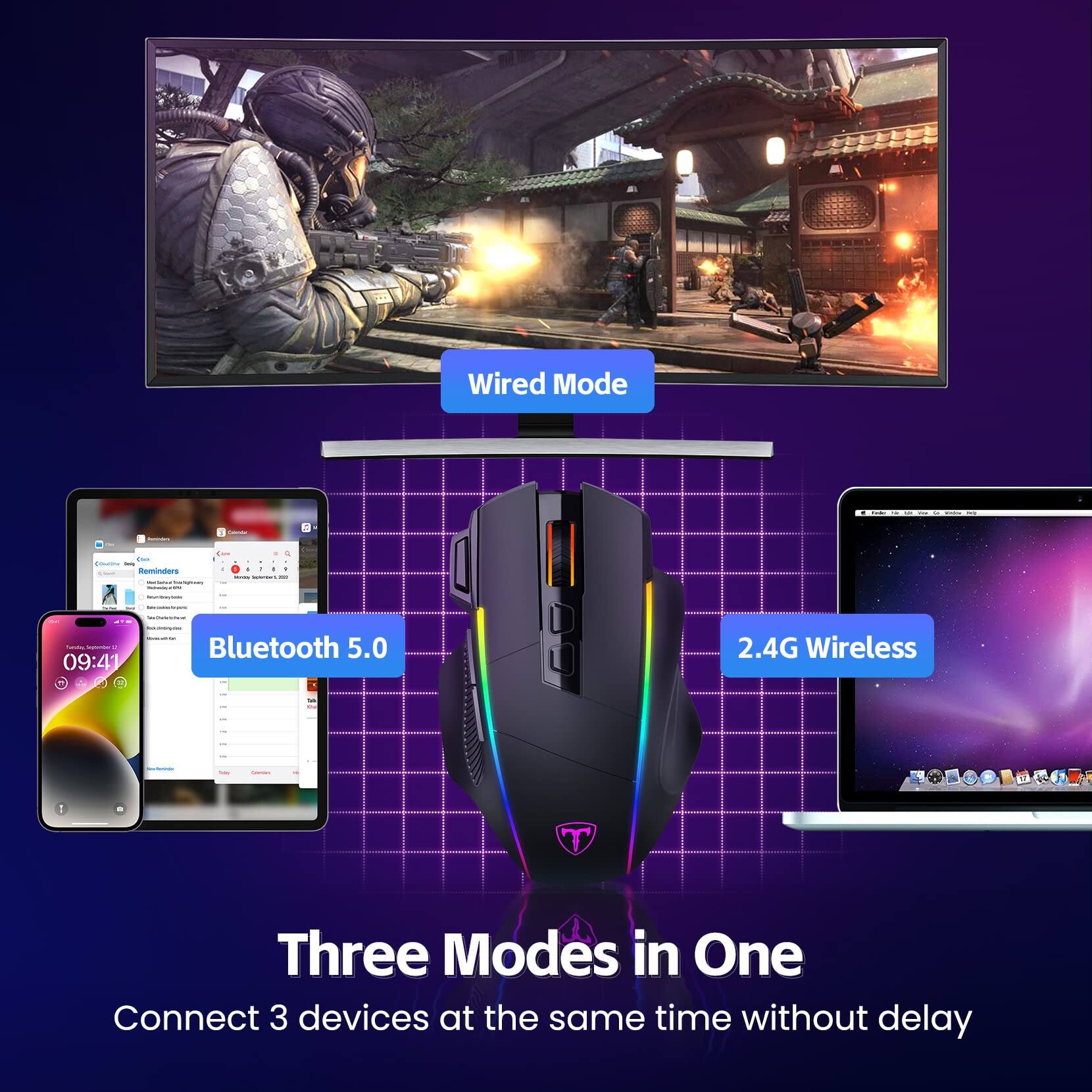 Wired Mode  
Bluetooth 5.0  
2.4G Wireless  

Three Modes in One  
Connect 3 devices at the same time without delay