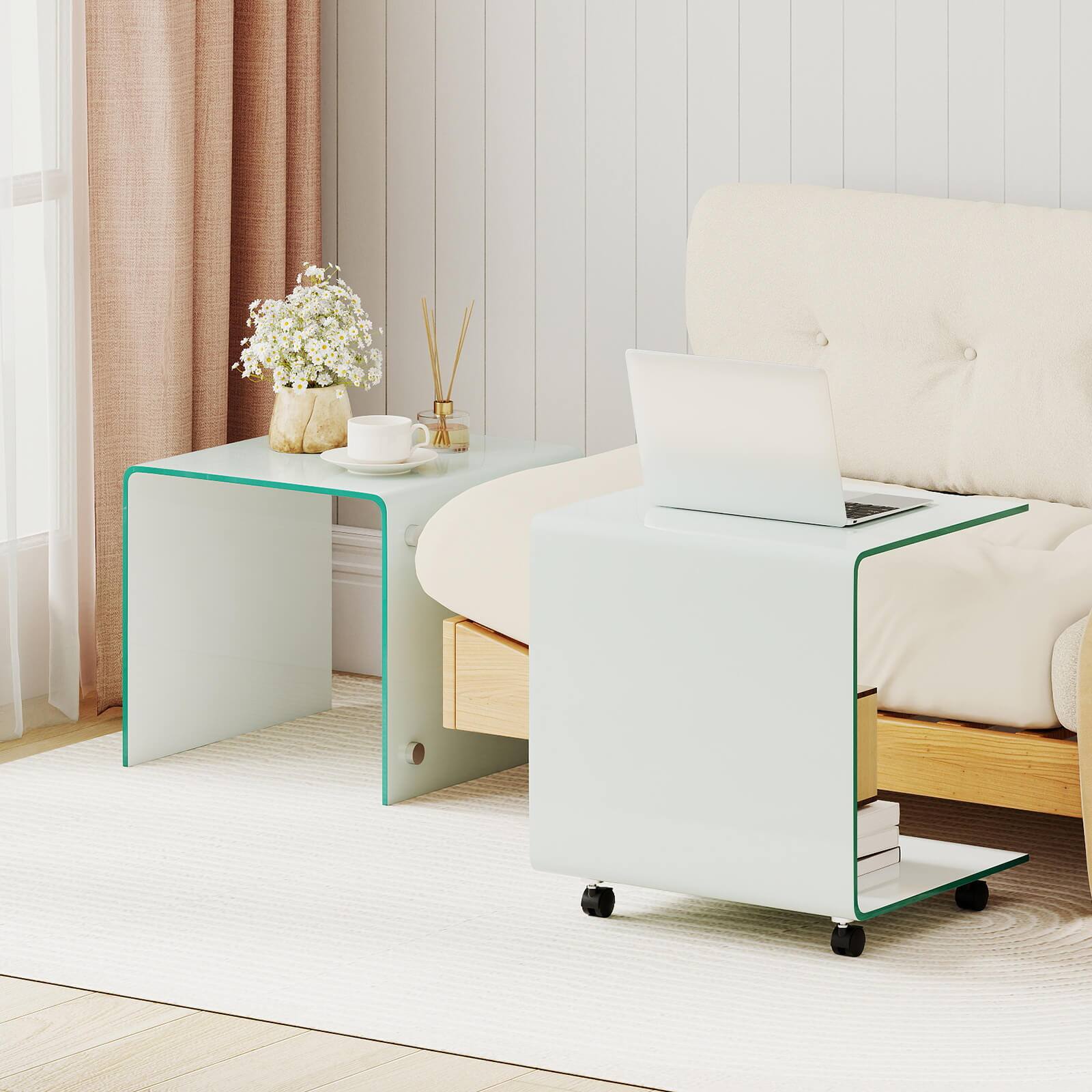 Alt View 5. Costway - Costway 1 PCS C-Shaped End Table with 2-tier shelf, 4 Swivel Lockable Wheels for Living Room - White.